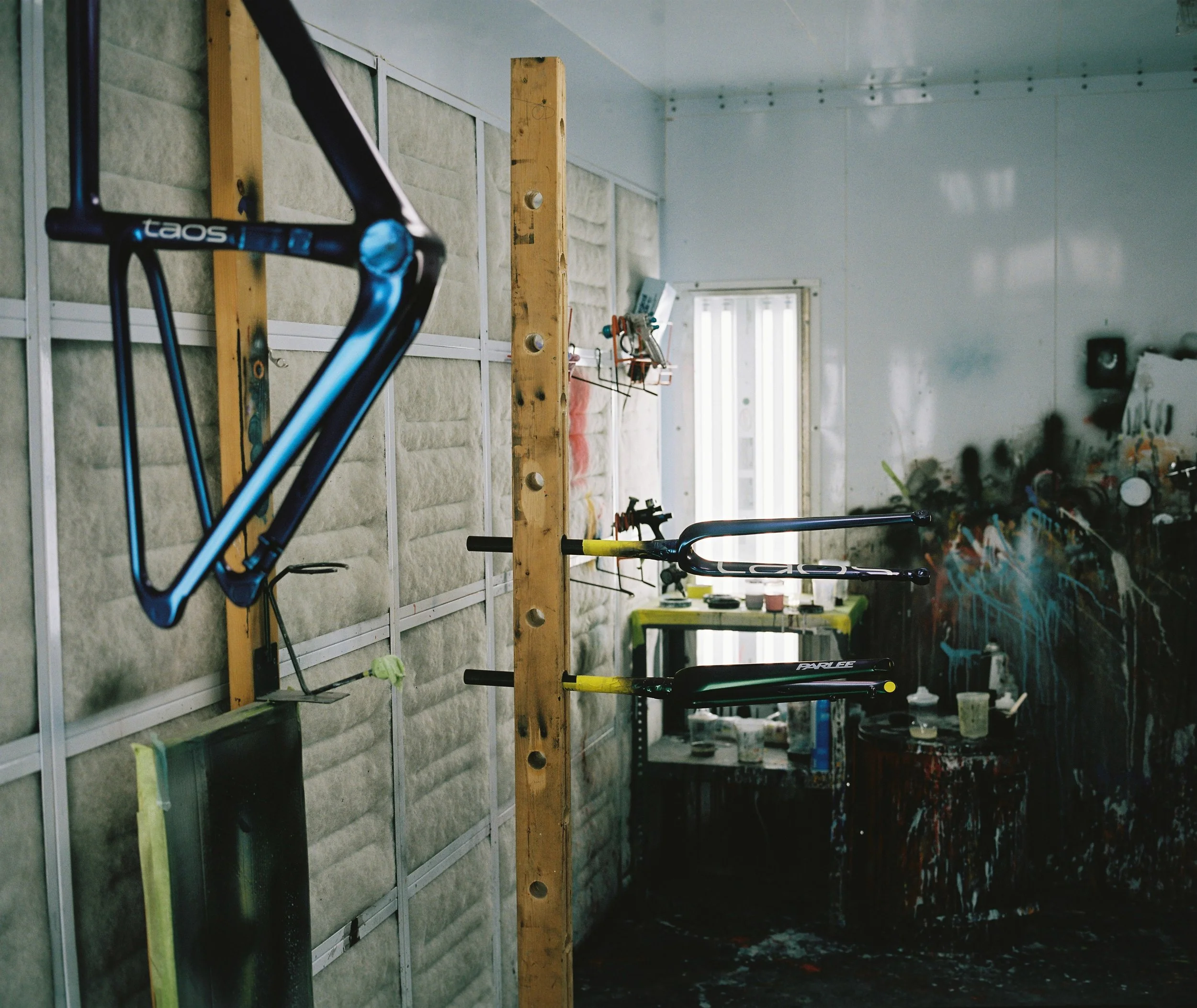 Parlee frames and forks drying in the paintbooth
