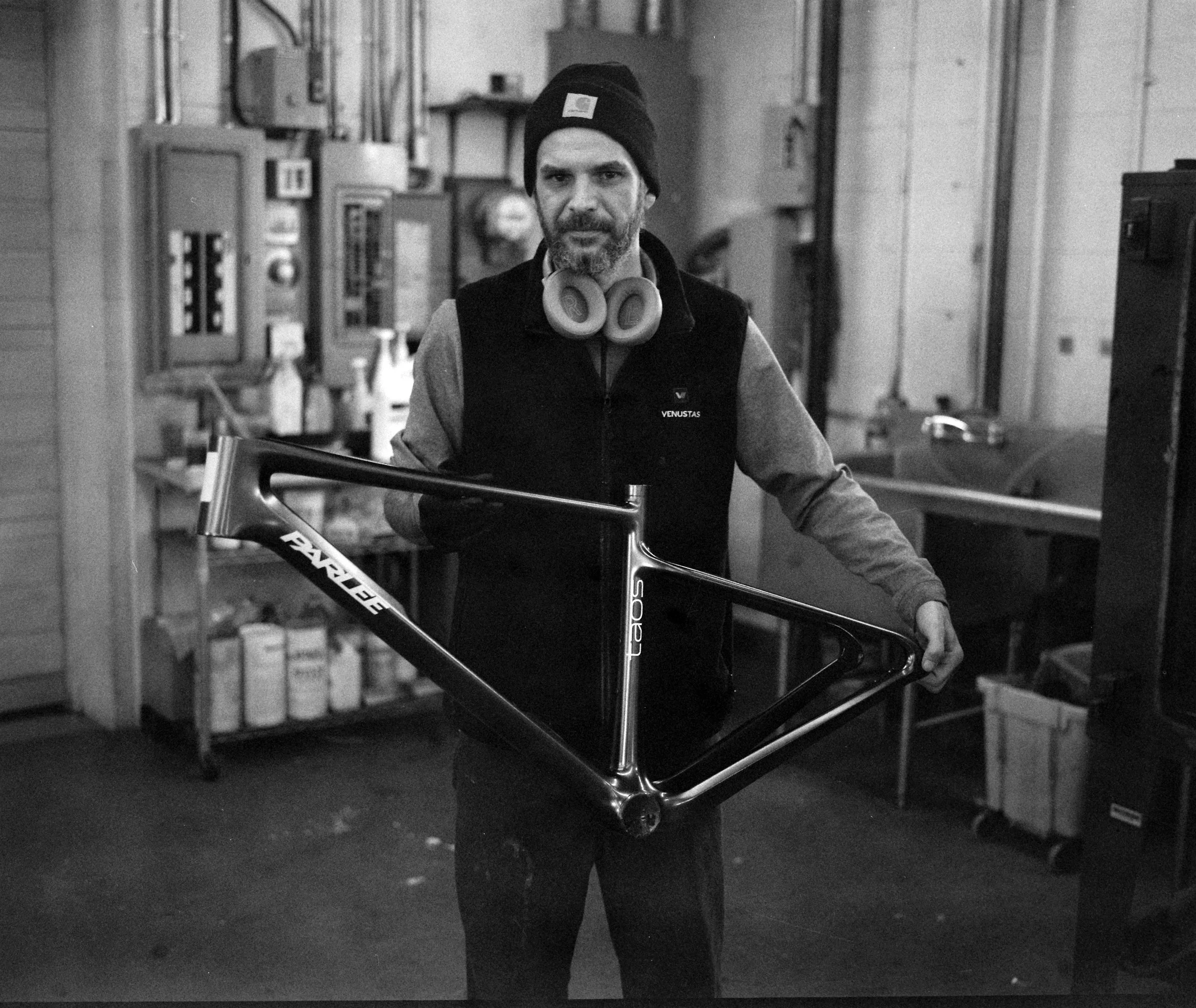 Cody Haight holds a freshly painted Parlee frame