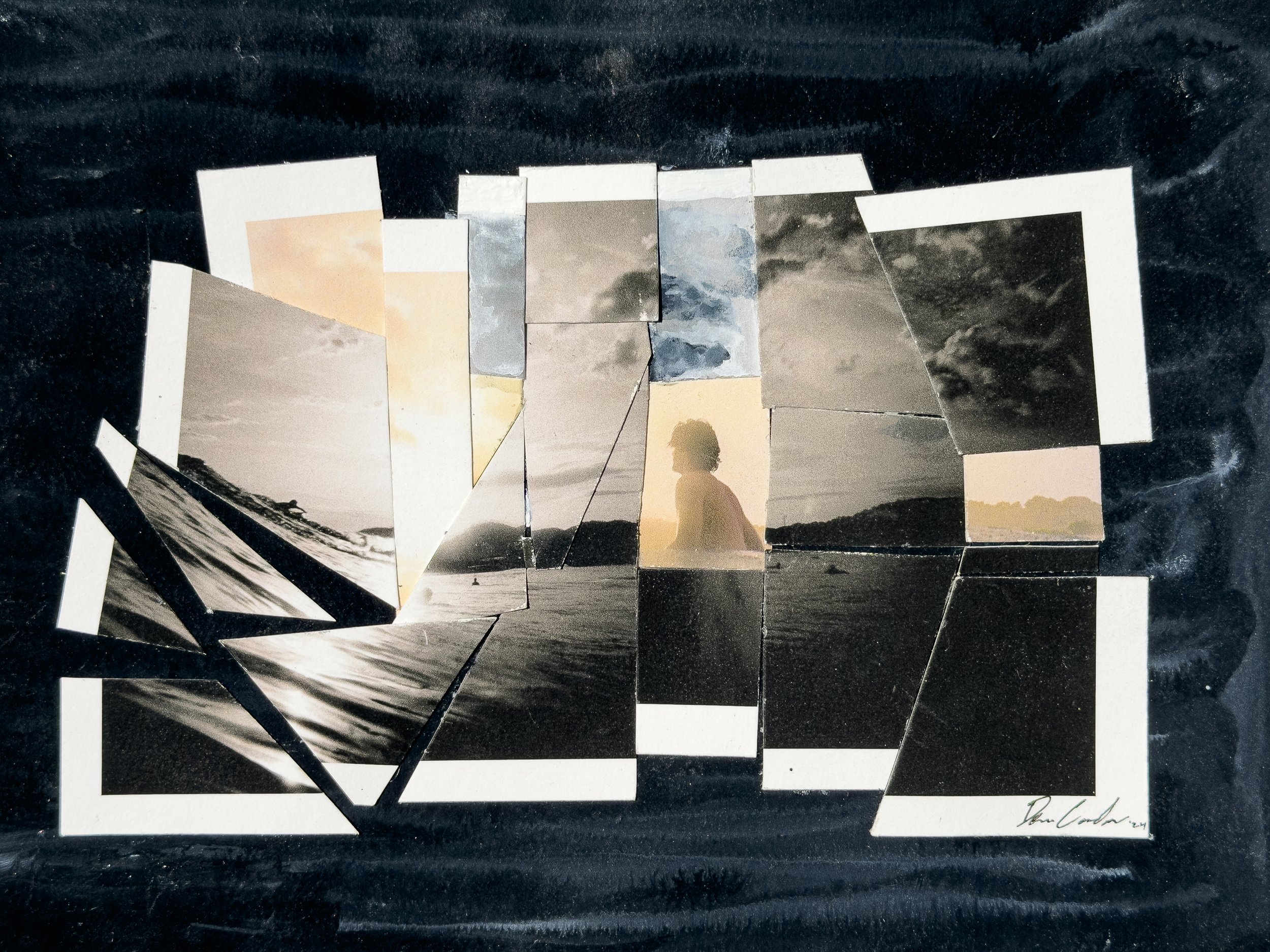 a mixed media photographic collage abstractly depicting a surfer waiting for a wave
