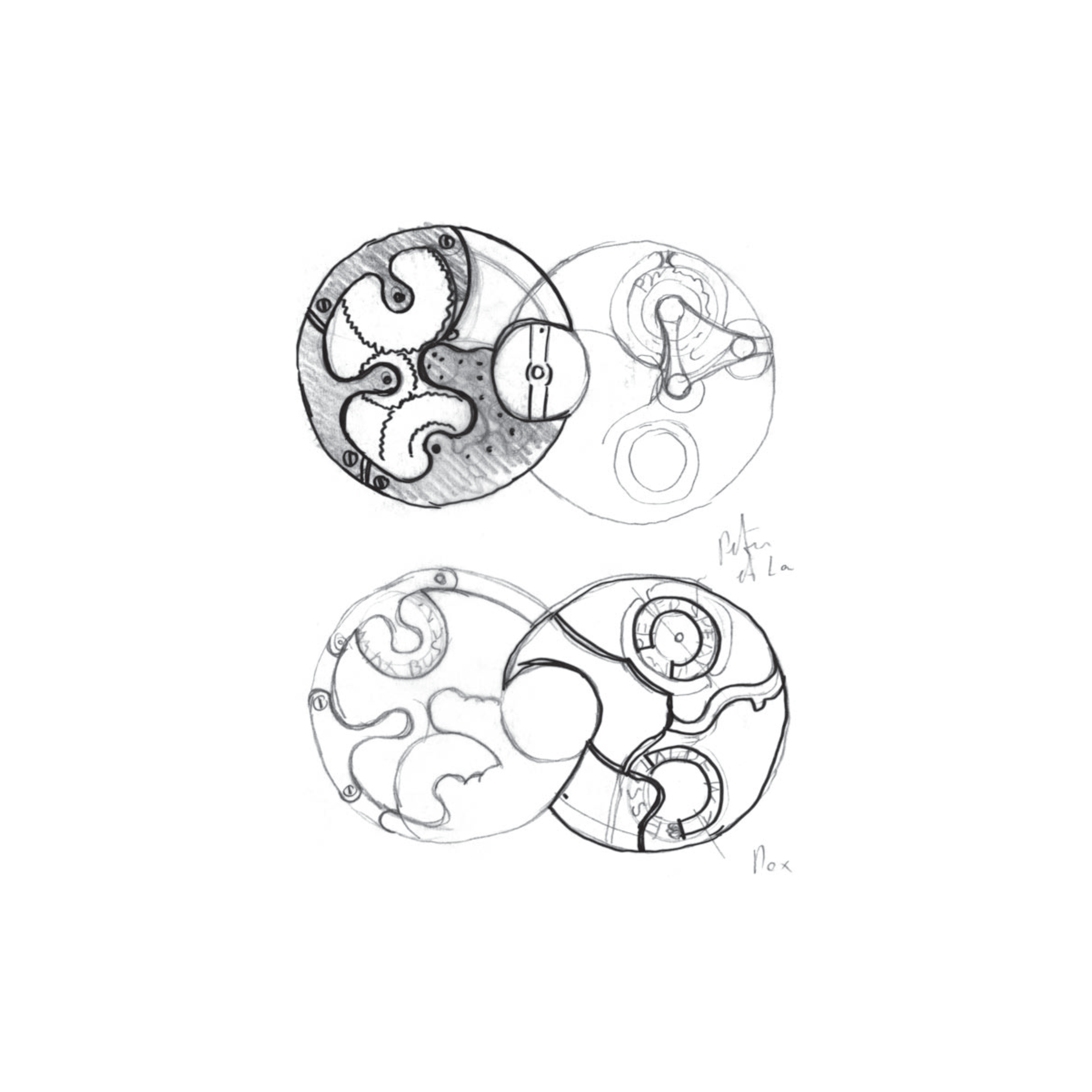 an early sketch of an MB&F movement and components - pen on paper