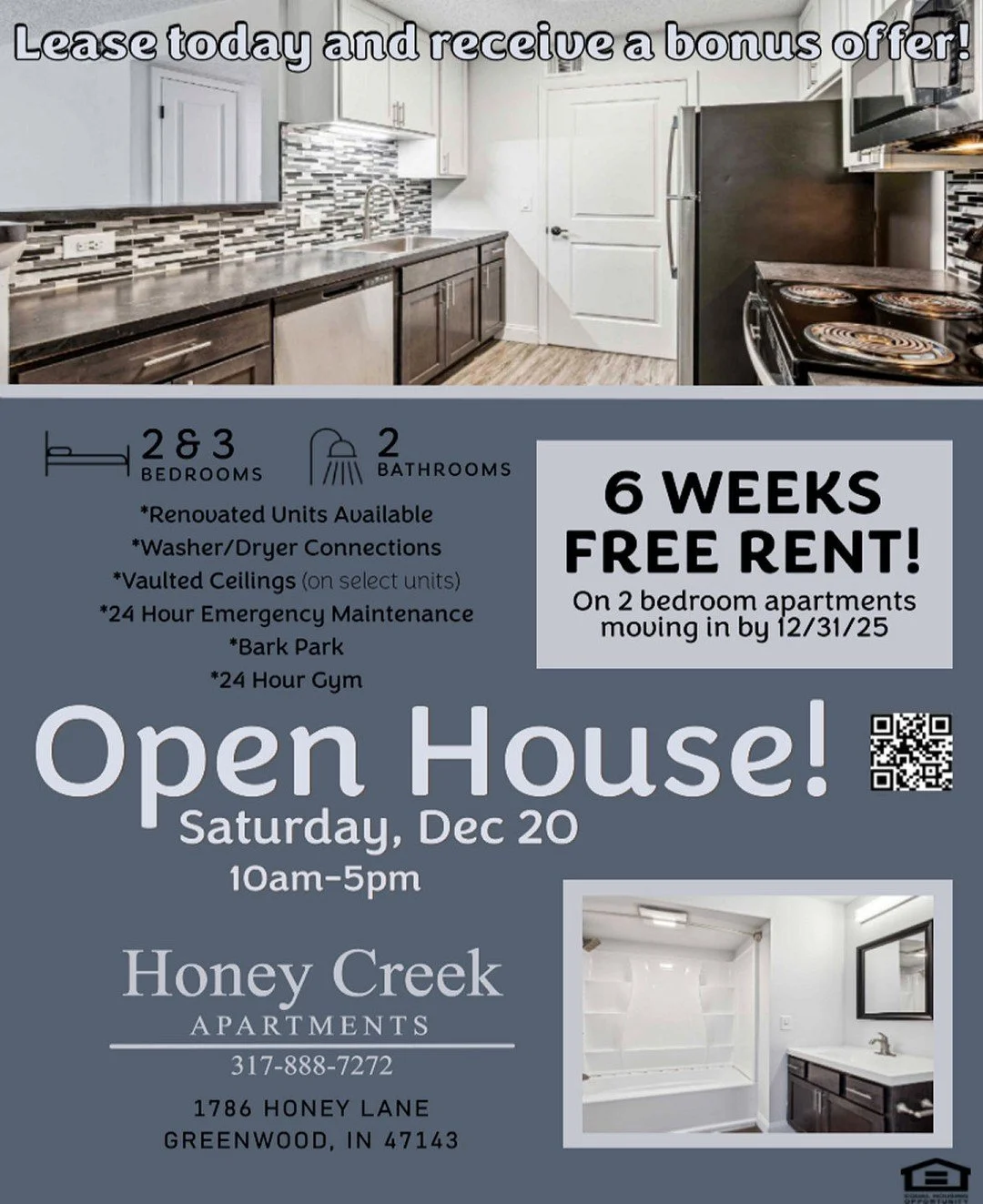 OPEN HOUSE THIS SATURDAY!
Come see us between 10am - 5pm for incredible leasing specials!
#OpenHouse #HoneyCreekApartments #MoveInSpecial