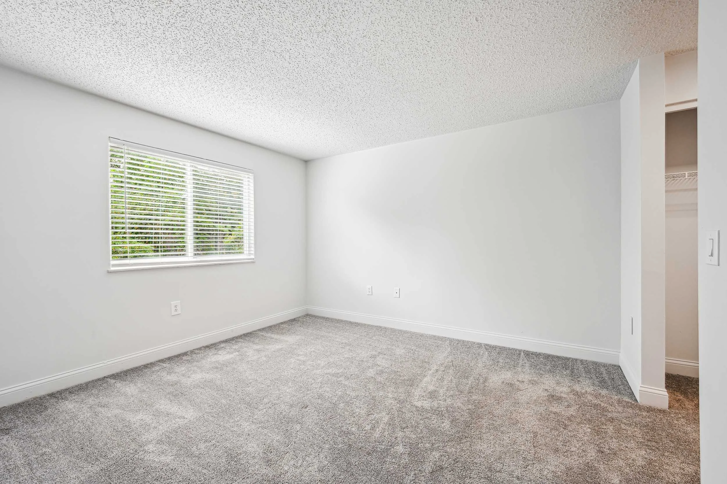 Empty room with white walls, large window with blinds, gray carpet, and closet space.