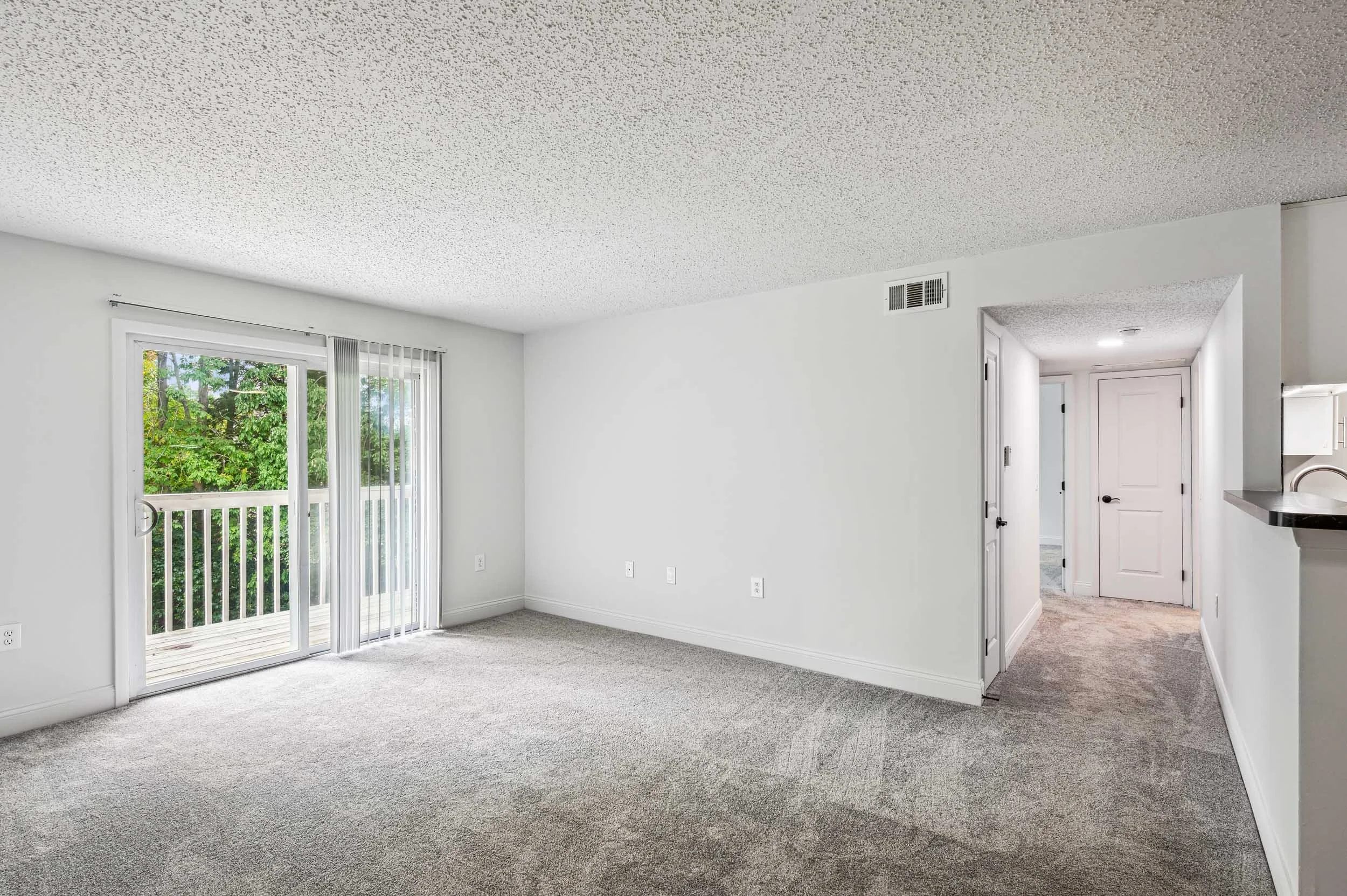 Empty living room with sliding glass door leading to a balcony, white walls, and gray carpeted floor.