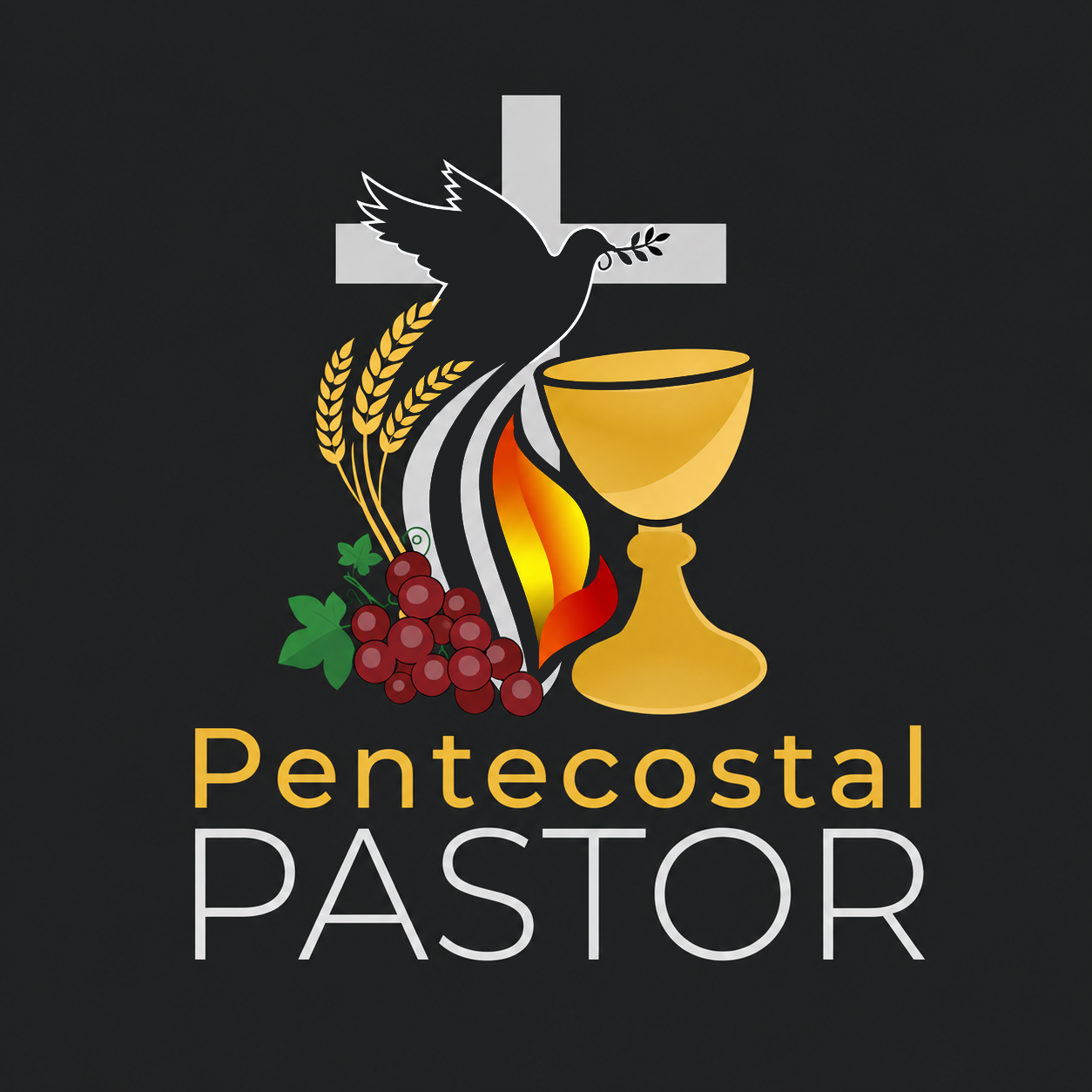 Logo with a white cross, a dove holding an olive branch, wheat, grapes, a flame, a chalice, and the text 'Pentecostal Pastor'.