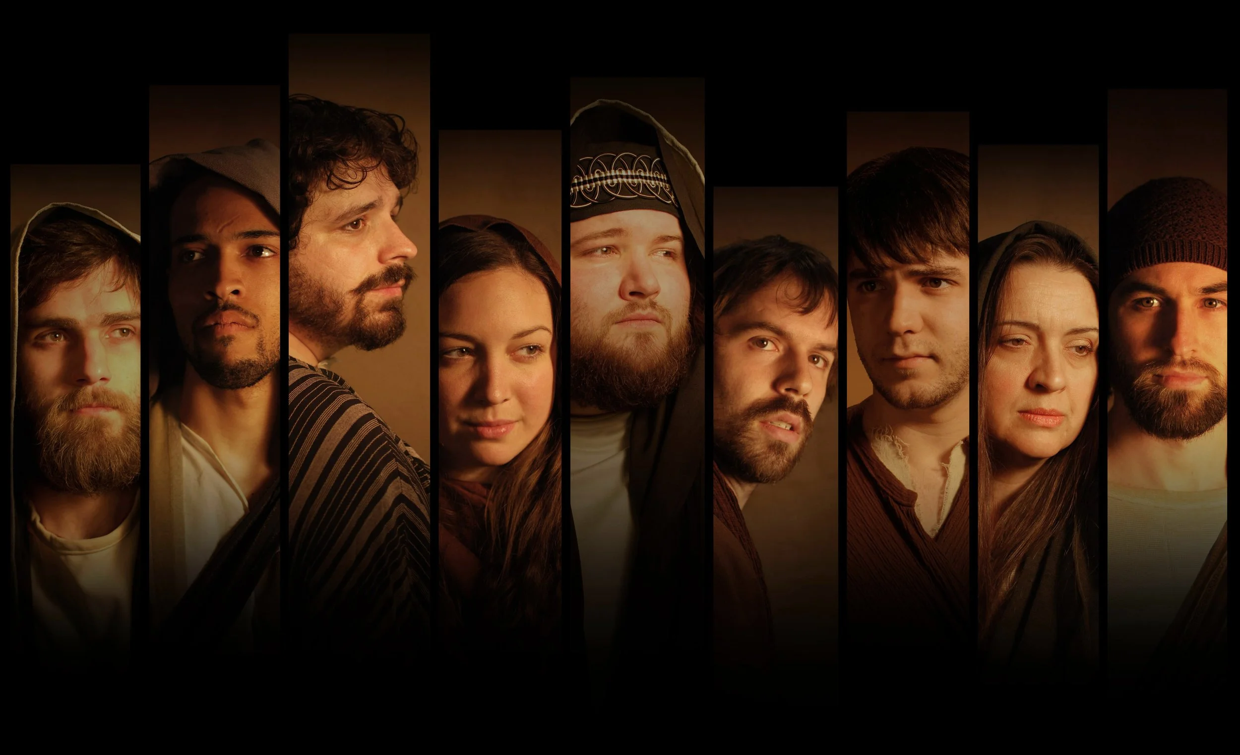 A multicultural group of ten young adults with diverse styles, some wearing hoodies, hats, and beanies, posing together against a dark background with warm lighting.