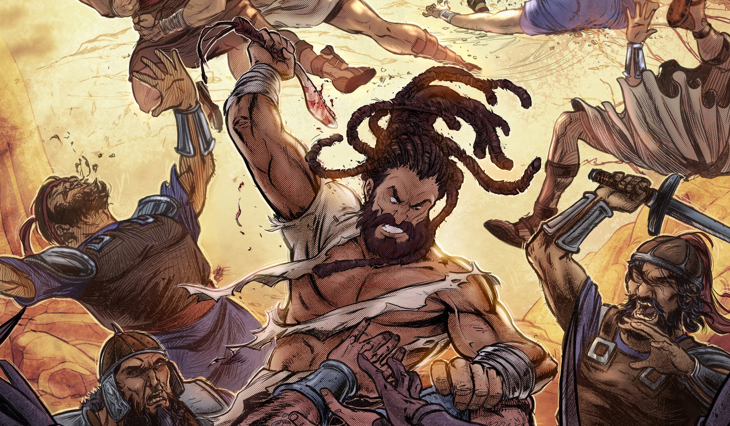 A comic-style illustration depicting a fierce battle scene with multiple warriors engaged in combat, wielding swords and other weapons, with dynamic poses and intense expressions.
