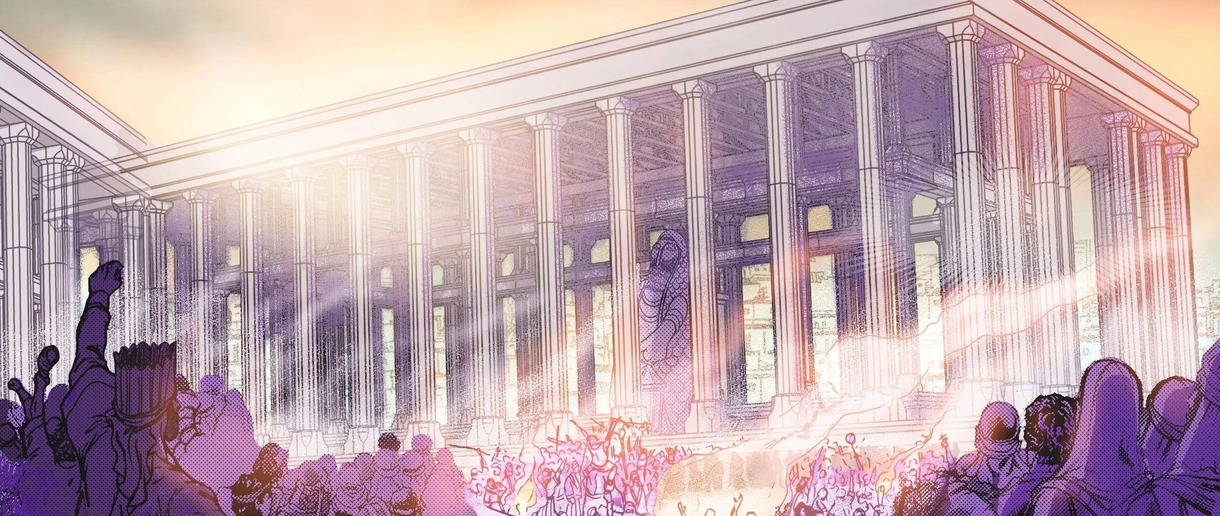 Digital illustration of a large classical building with columns, crowds of people, some with raised fists, and a statue of a person on the building's facade, with a bright, glowing sunset in the background.