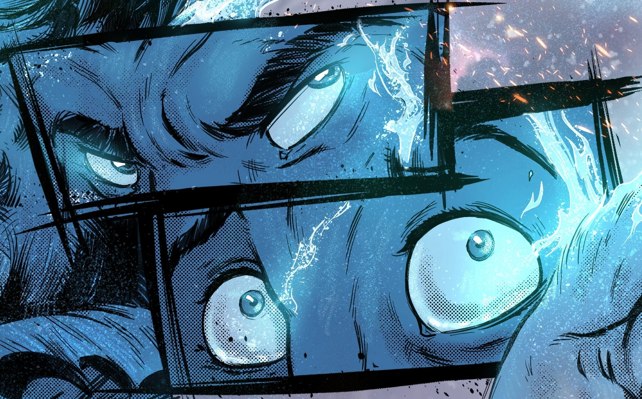 Close-up of comic book style illustration with surprised facial expressions, featuring wide eyes and an intense background with dynamic lines and sparks.