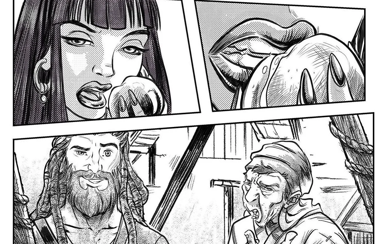 Comic strip with four panels showing a woman licking a fruit, lips close-up, a man with dreadlocks, and two women arguing outdoors.