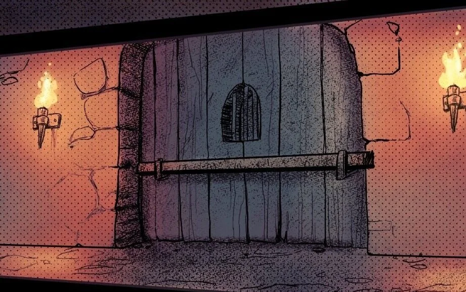 Sketch of a medieval-style castle gate with torches on stone walls.