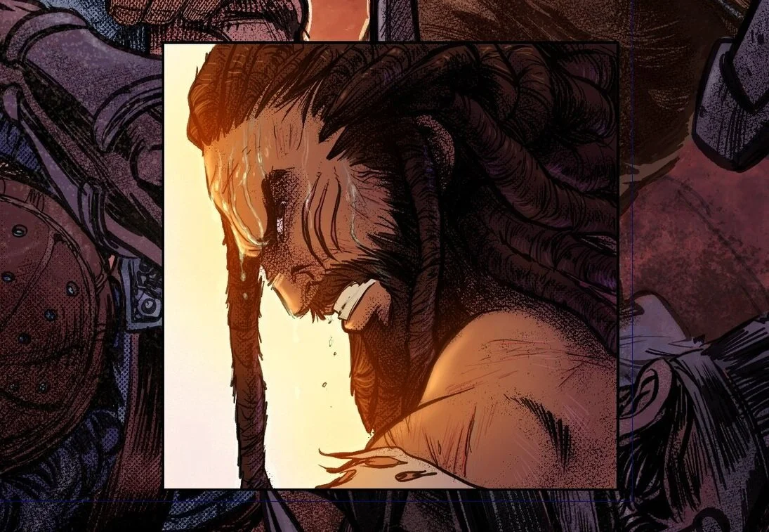 A comic book style illustration of a person with dreadlocks and a beard, looking down sorrowfully, with a glowing light illuminating their face.
