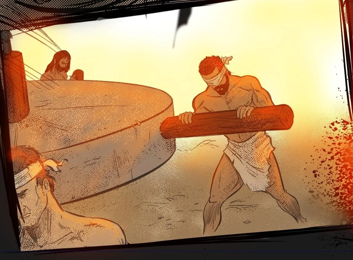 A cartoon-style illustration of a man with a blindfold holding a large wooden log, standing shirtless with a towel around his waist. Two other shirtless men are in the background, and the scene has a warm, orange-toned lighting.