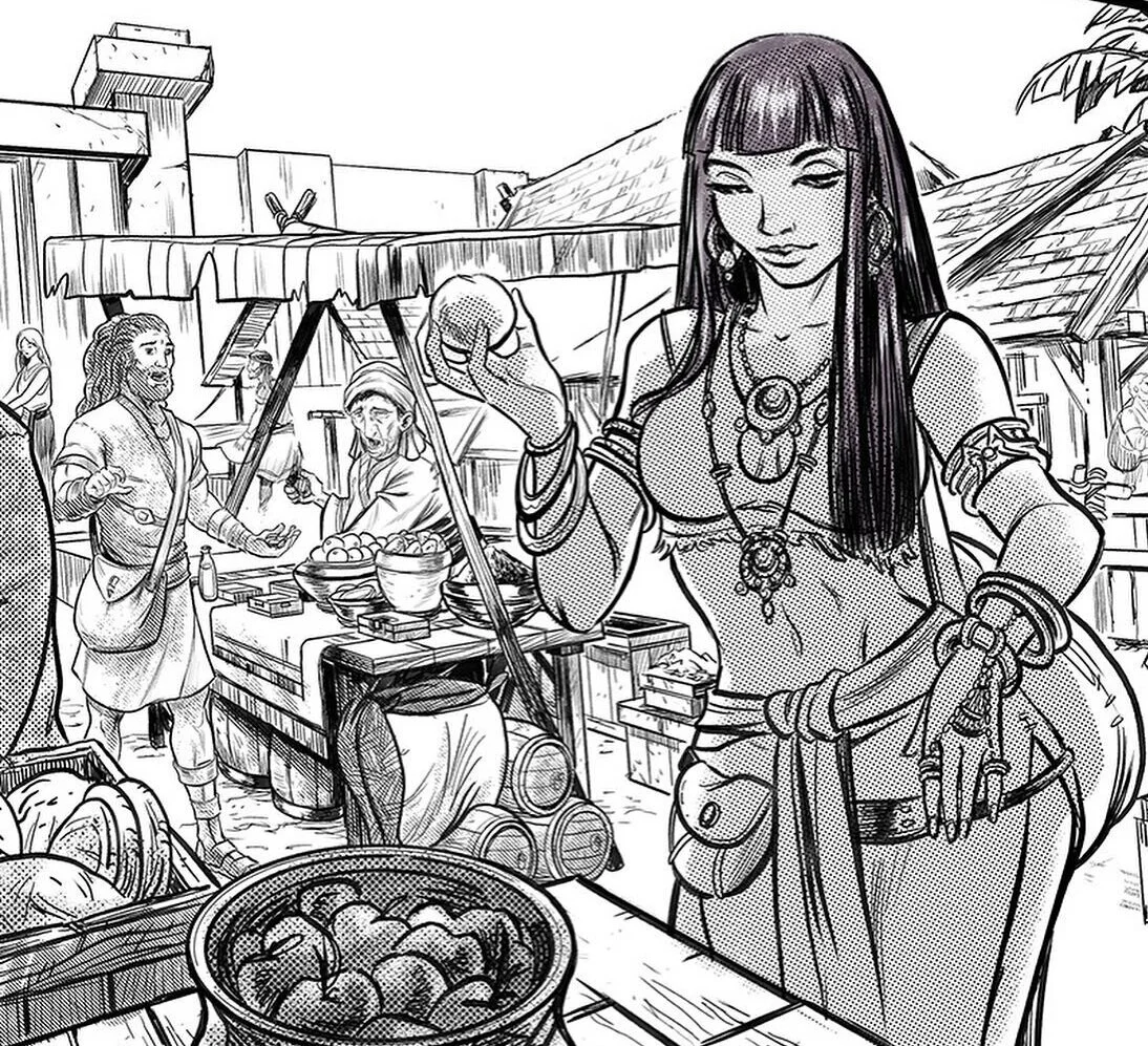 A woman with long hair, dressed in fantasy-style jewelry and clothing, is in a market holding a small round object, possibly a fruit or gemstone, and smiling. In the background, marketplace vendors are selling goods like bowls of produce, and wooden 