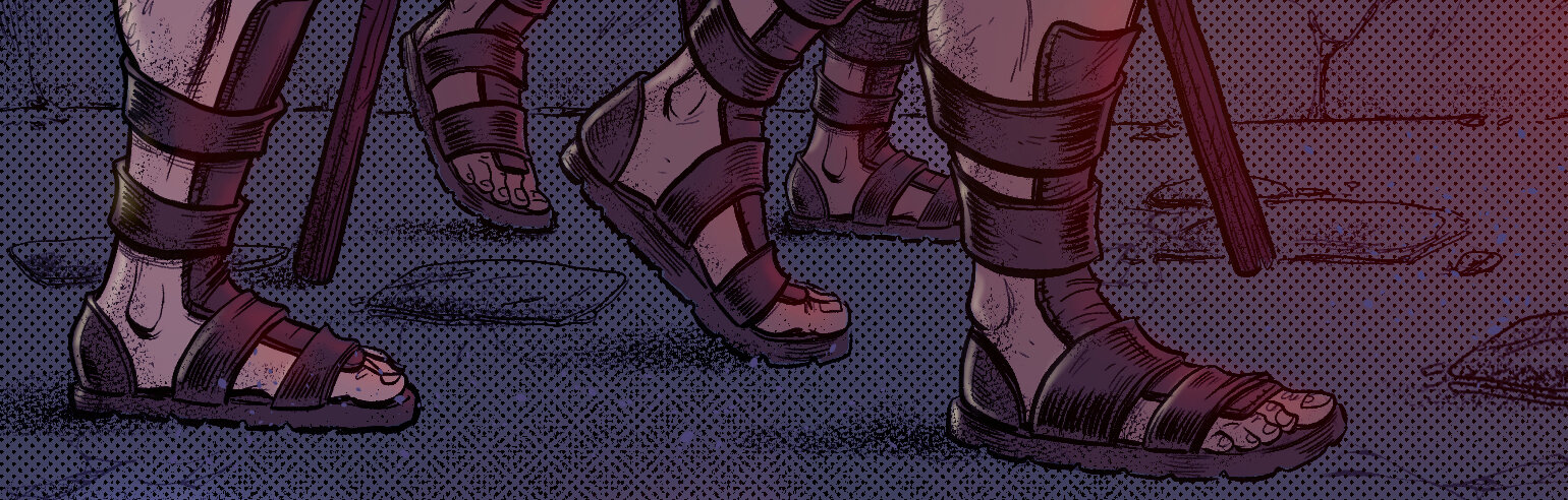 Comic-style illustration of multiple human feet wearing sandals, some with straps and some barefoot, on a textured ground with scattered leaves.
