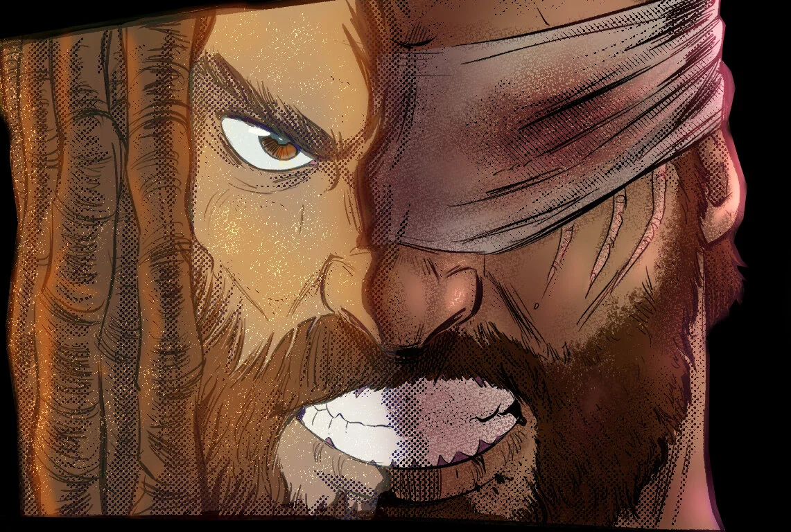 Close-up of a comic-style illustration of a pirate with a stern expression, one eye visible, a brown beard, a bandana covering one eye, and long dreadlocks.