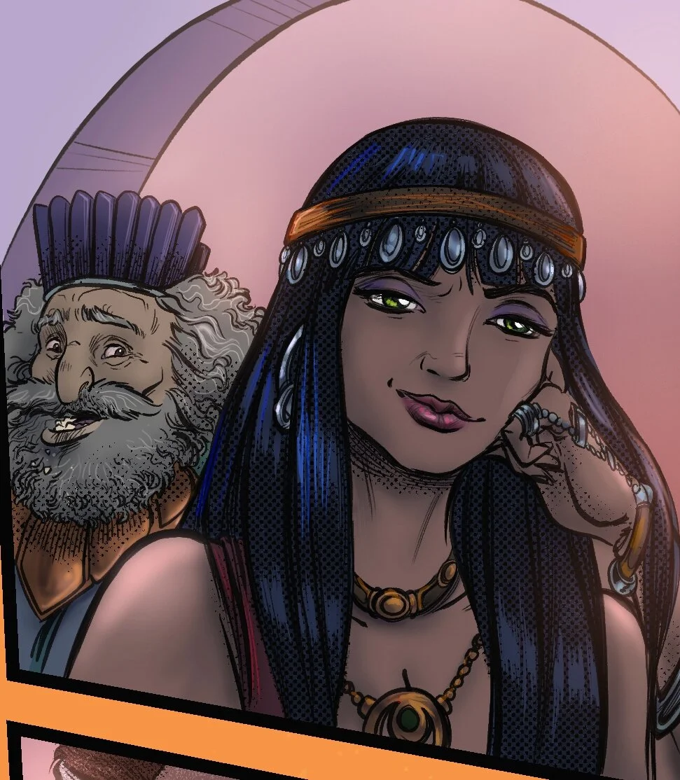 Comic-style illustration of a woman with dark hair and jewelry, smiling and resting her head on her hand, and an older man with a beard and mustache, wearing a headdress, smiling in the background.