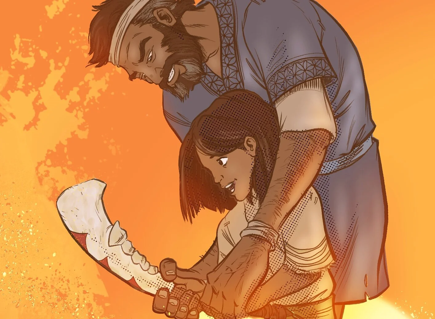 A man with a beard and a woman with long hair, both smiling and looking at a large tooth the woman is holding.