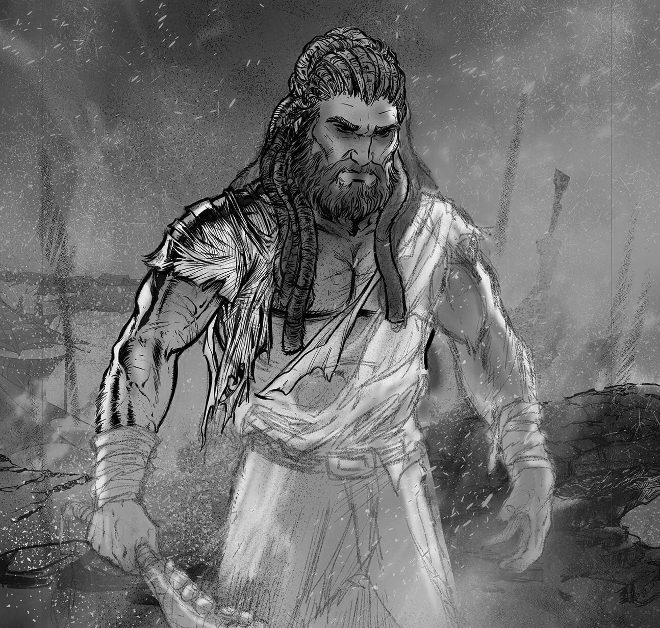 Black and white illustration of a rugged man with a beard and dreadlocks, dressed in tattered clothing, holding a hammer, amidst a stormy setting with falling rain and broken structures in the background.