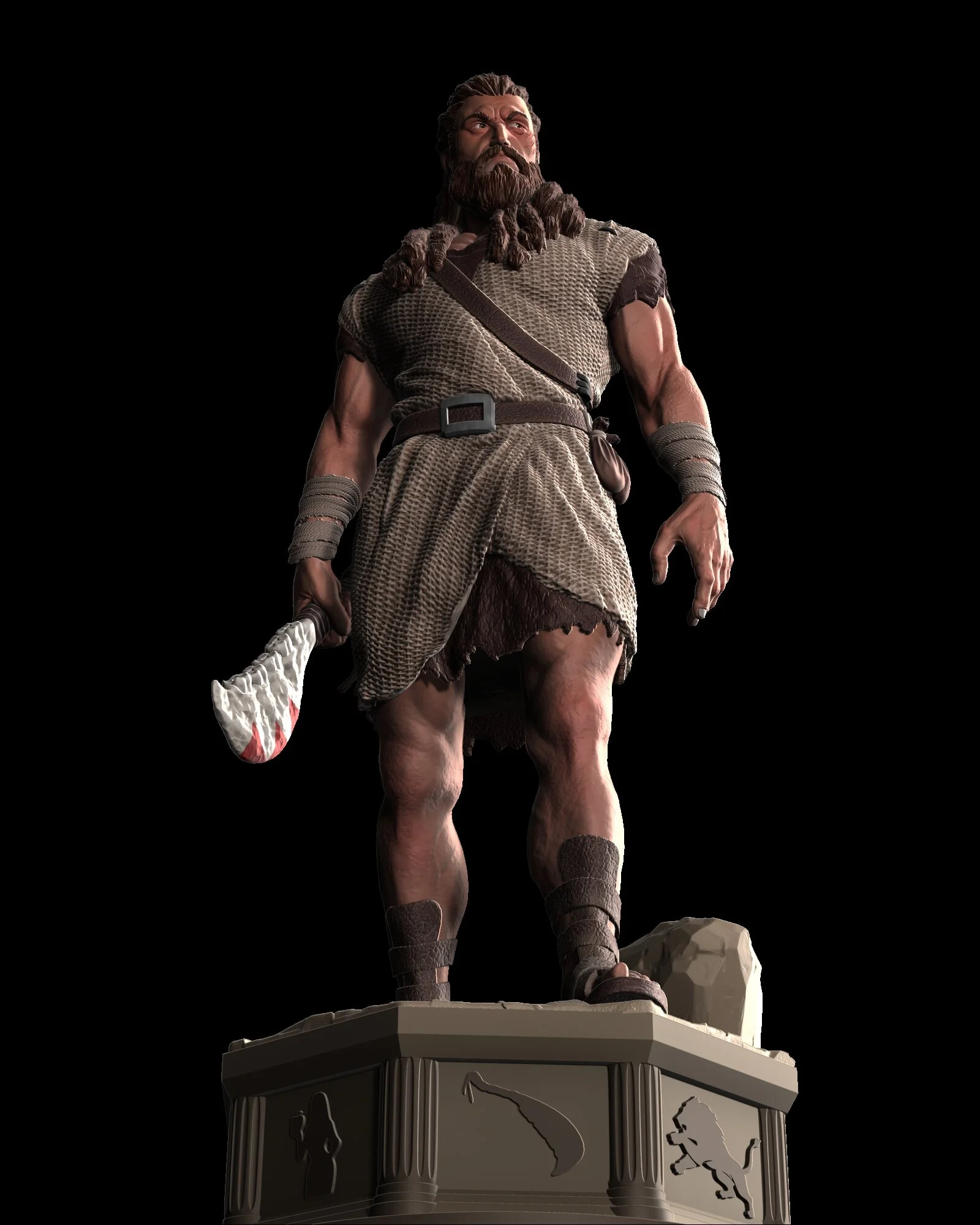 Statue of a warrior with a beard and long hair, dressed in medieval-style clothing, holding a bloody axe, standing on a cracked pedestal.