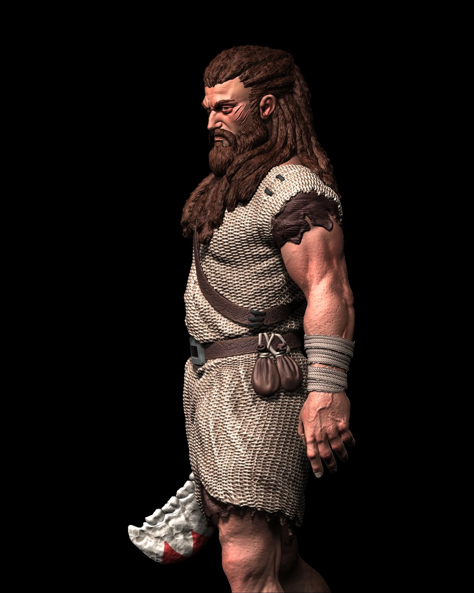 A muscular man with long dreadlocked hair and a beard, wearing a textured sleeveless shirt, with a braided leather strap across his chest, a fabric bag hanging from his waist, and a wrapped bandage on his arm, standing against a black background.