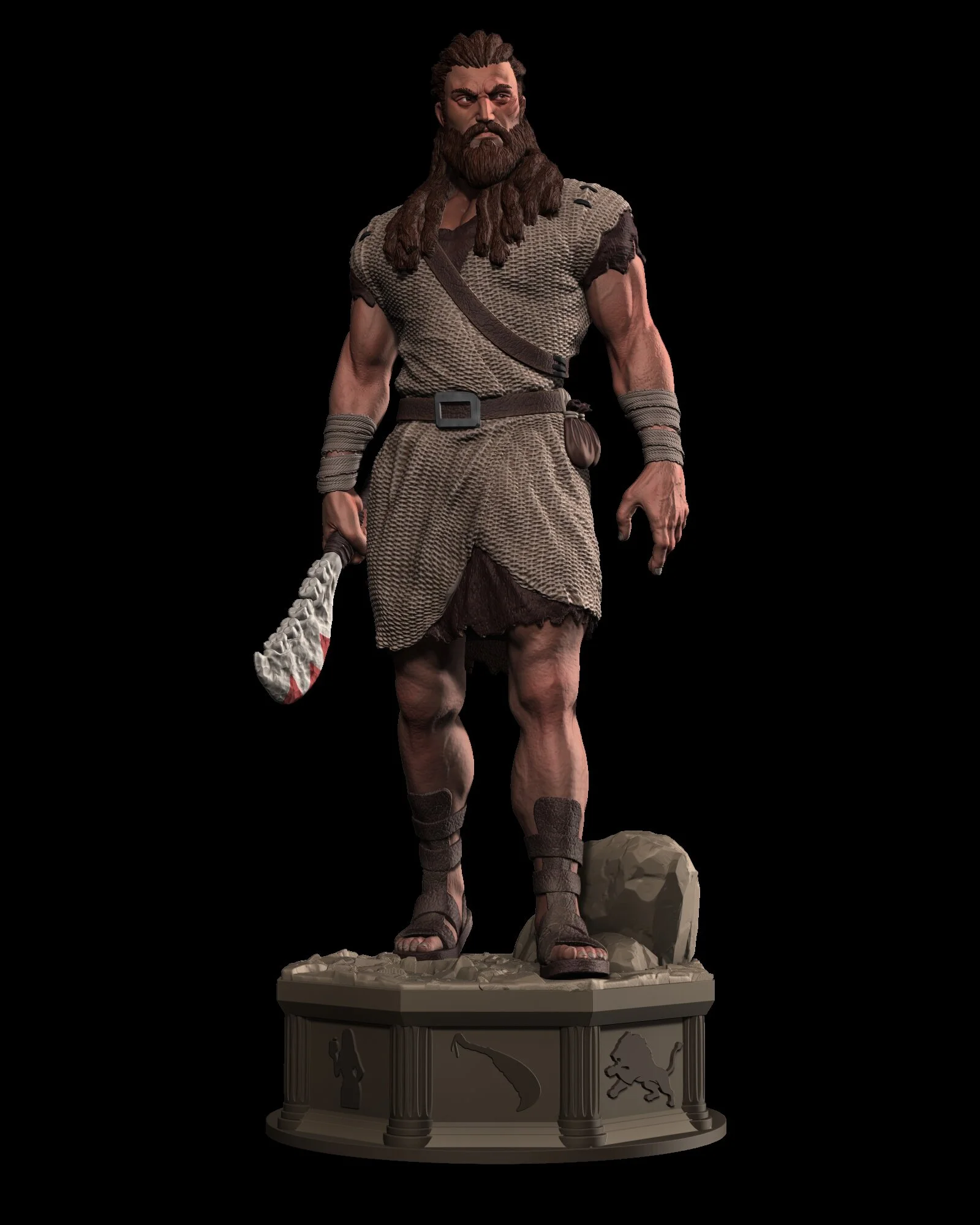 A detailed figurine of a muscular man with a beard, wearing medieval-style clothing and sandals, standing on a decorative base with animal silhouettes.