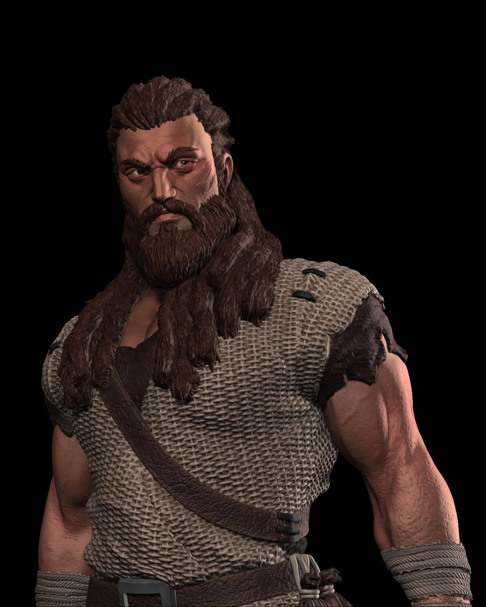 A muscular man with a beard and long hair, dressed in a textured sleeveless top with leather straps and a belt, set against a black background.