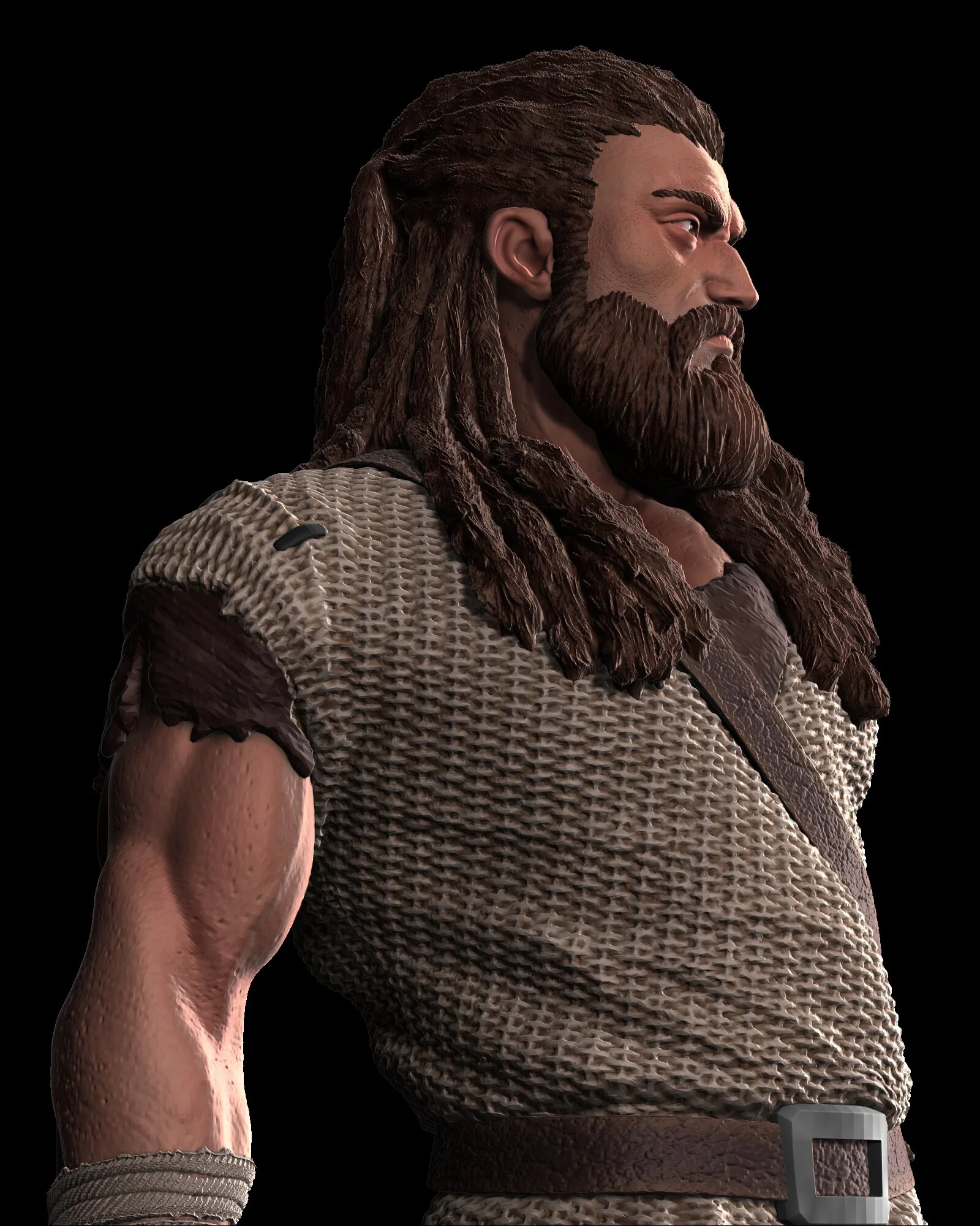 A digital rendering of a male character with long brown dreadlocks and a beard, wearing medieval-style armor and a belt, with a black background.