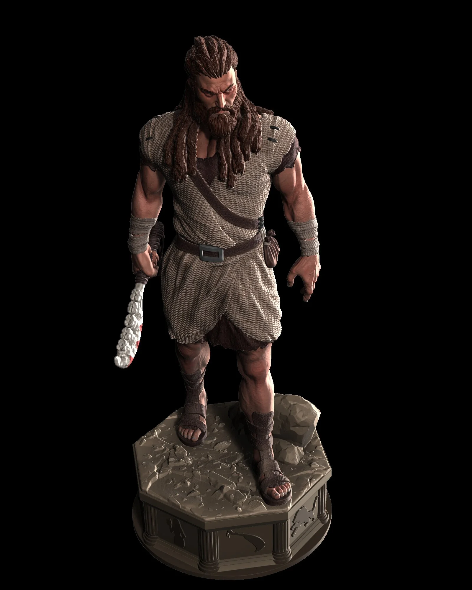 A detailed figurine of a warrior wearing ancient armor, sandals, and a long, flowing beard, standing on a textured round base designed to resemble rocky terrain.