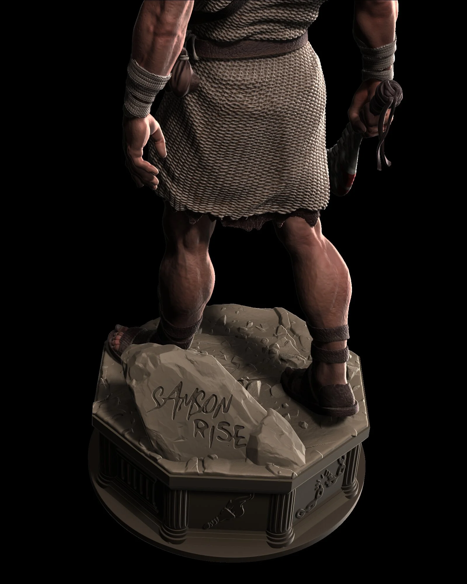 A detailed statue of a person dressed in traditional martial arts clothing, holding a sword, standing on a circular base with engraved text, in a dark background.