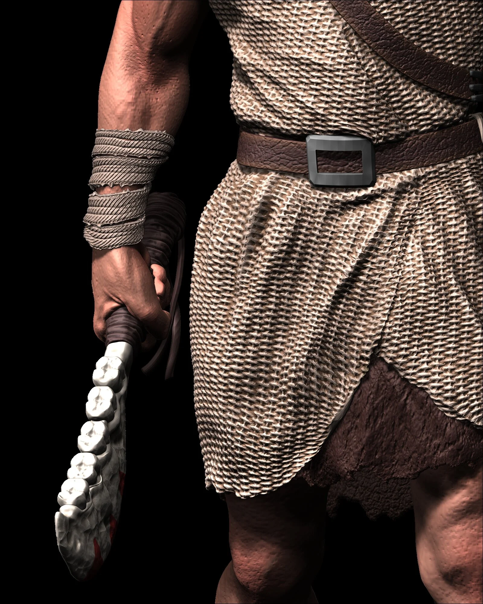 Close-up of a person's torso dressed as a medieval or fantasy character, wearing textured beige fabric clothing, a brown leather belt, and wielding a sword with a chainmail-wrapped handle.