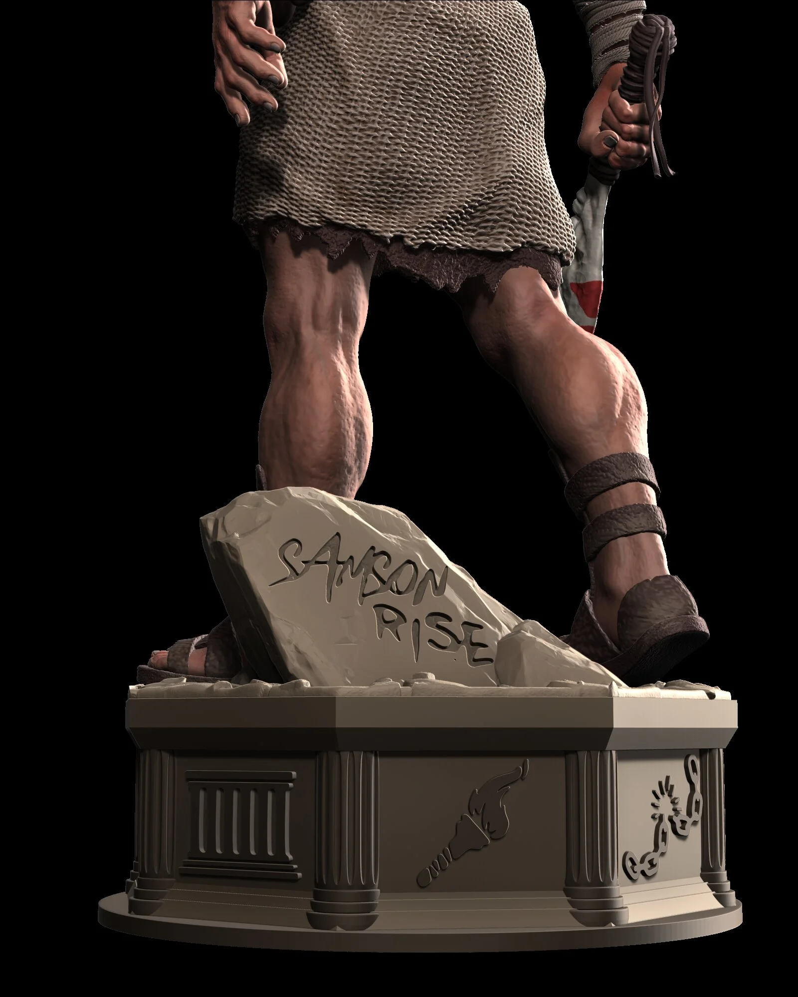 A detailed model of a scarecrow standing on a platform, holding a knife, and with a sign that says "Sauron Rise." The scarecrow has muscular legs, a rough cloth dress, and bandages on its arms. The platform has carved designs.