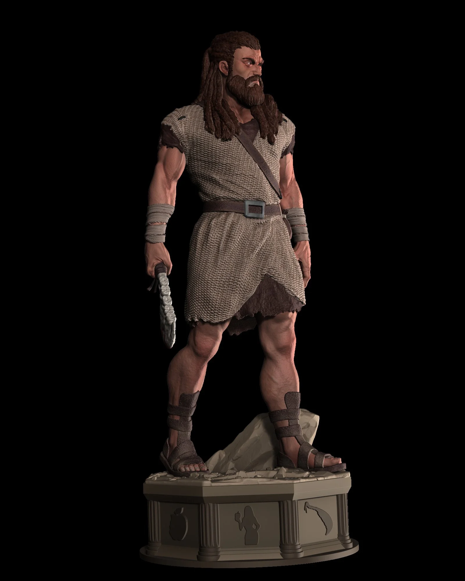A detailed, artistic sculpture of a muscular warrior with long hair and a beard, dressed in primitive clothing, standing on a decorated pedestal.