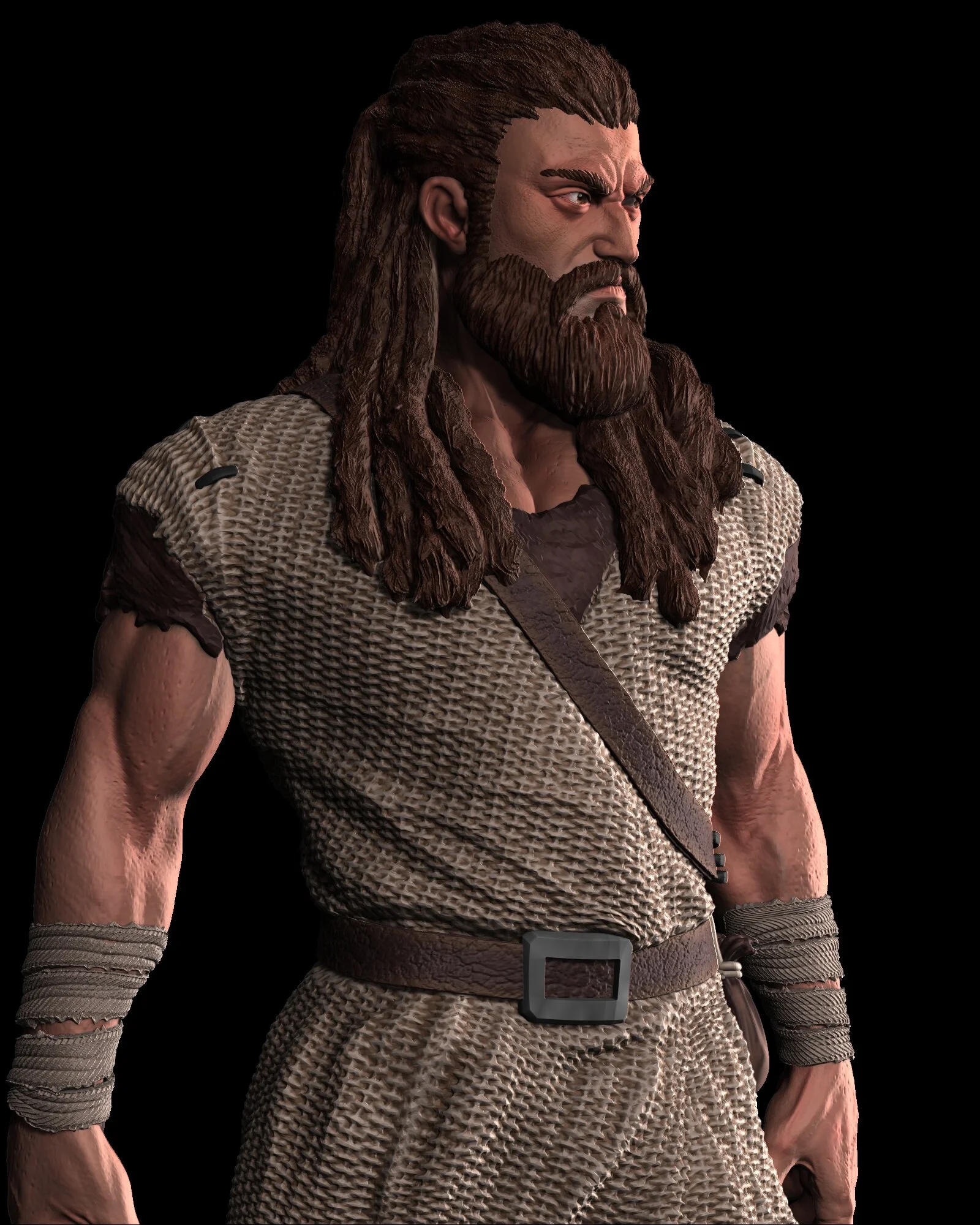 A highly detailed computer-generated character with a rugged appearance, long brown dreadlocked hair, and a beard. The character is wearing a textured beige and brown medieval-style outfit with arm wraps, and a brown strap crossing the chest, set aga