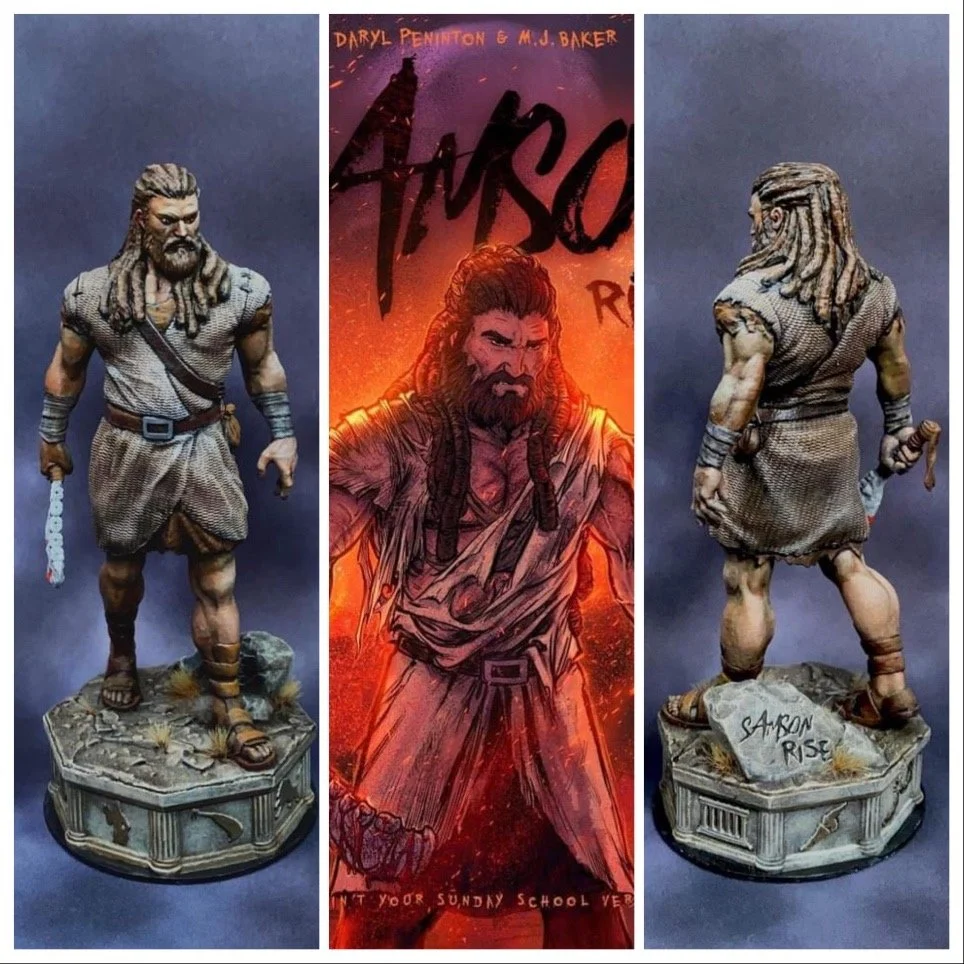 A side-by-side display of a detailed miniature figure of a male warrior with long dreadlocks, a beard, wearing ancient-style clothing, holding a dagger, and standing on a rocky base. The middle panel features artwork of the same character with a fier