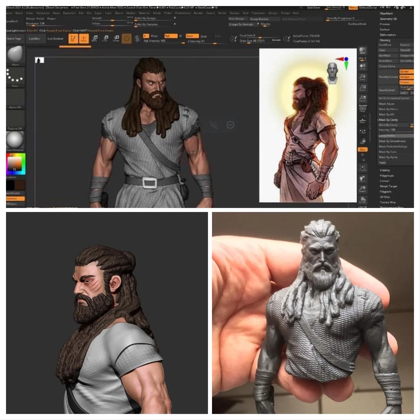 Screen capture showing digital 3D character modeling software with a bearded male character with long hair and ruffled clothing, along with references for traditional illustration and a gray sculpted bust of the same character.