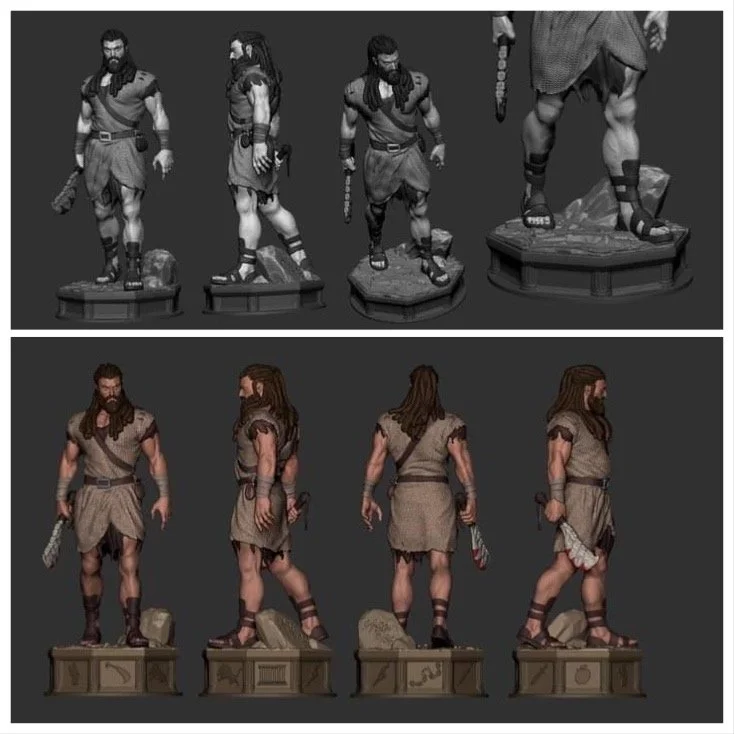 Top row shows four grayscale detailed miniature figurines of a rugged man with long hair and a beard, dressed in primitive or fantasy attire, standing on individual bases. Bottom row shows four colored miniature figurines of a similar man, with the s