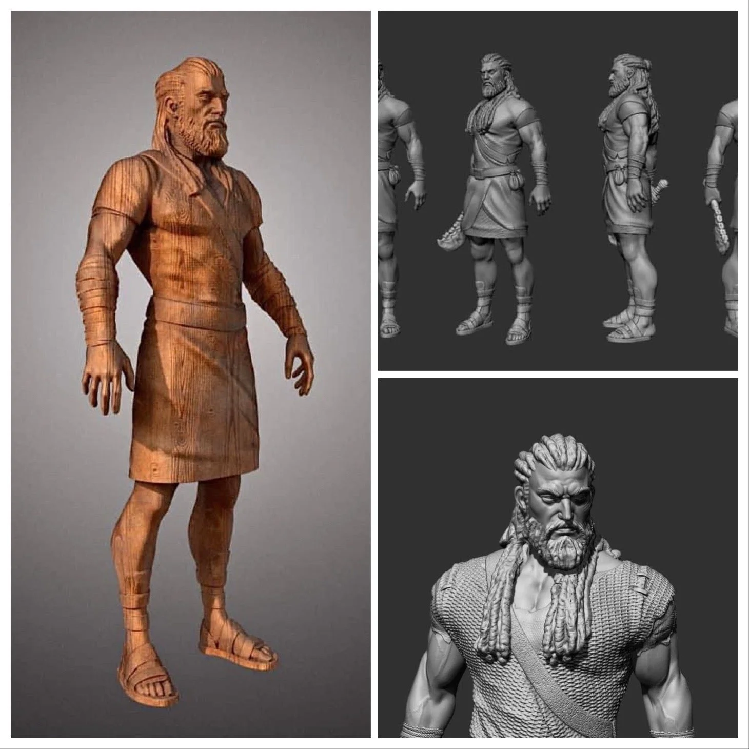 Digital sculptures of ancient warrior figures, including a wooden statue of a man with a beard and detailed clothing, 3D models of a warrior with a sword, and a detailed bust of a bearded man with braided hair and chainmail.