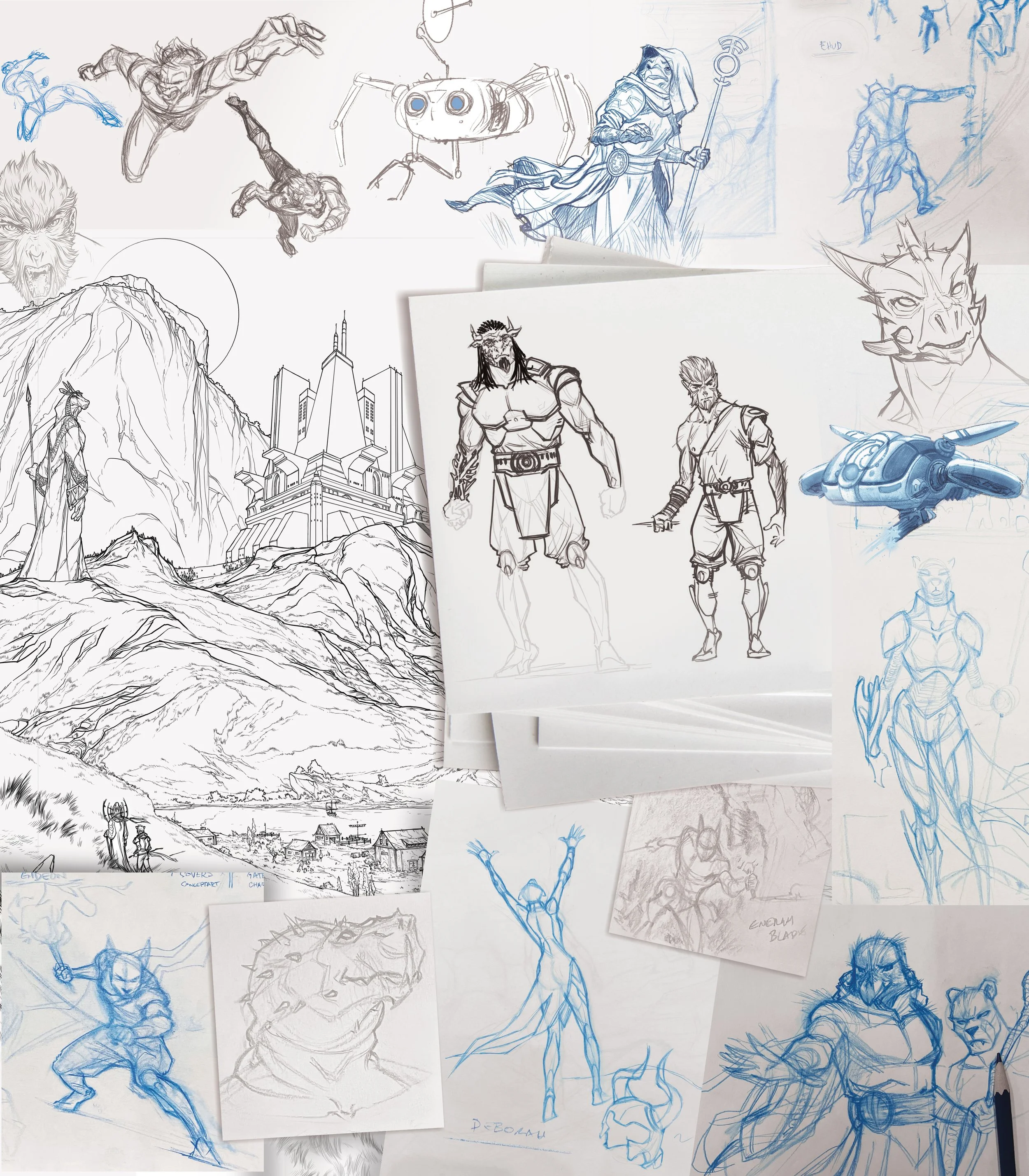 A collection of sketches and concept art featuring various fantasy and sci-fi characters, creatures, and environments. The artwork includes a large mountain landscape, a cityscape with tall buildings, and several humanoid and animal-like figures, some armed or in dynamic poses, along with robotic and mechanical elements.