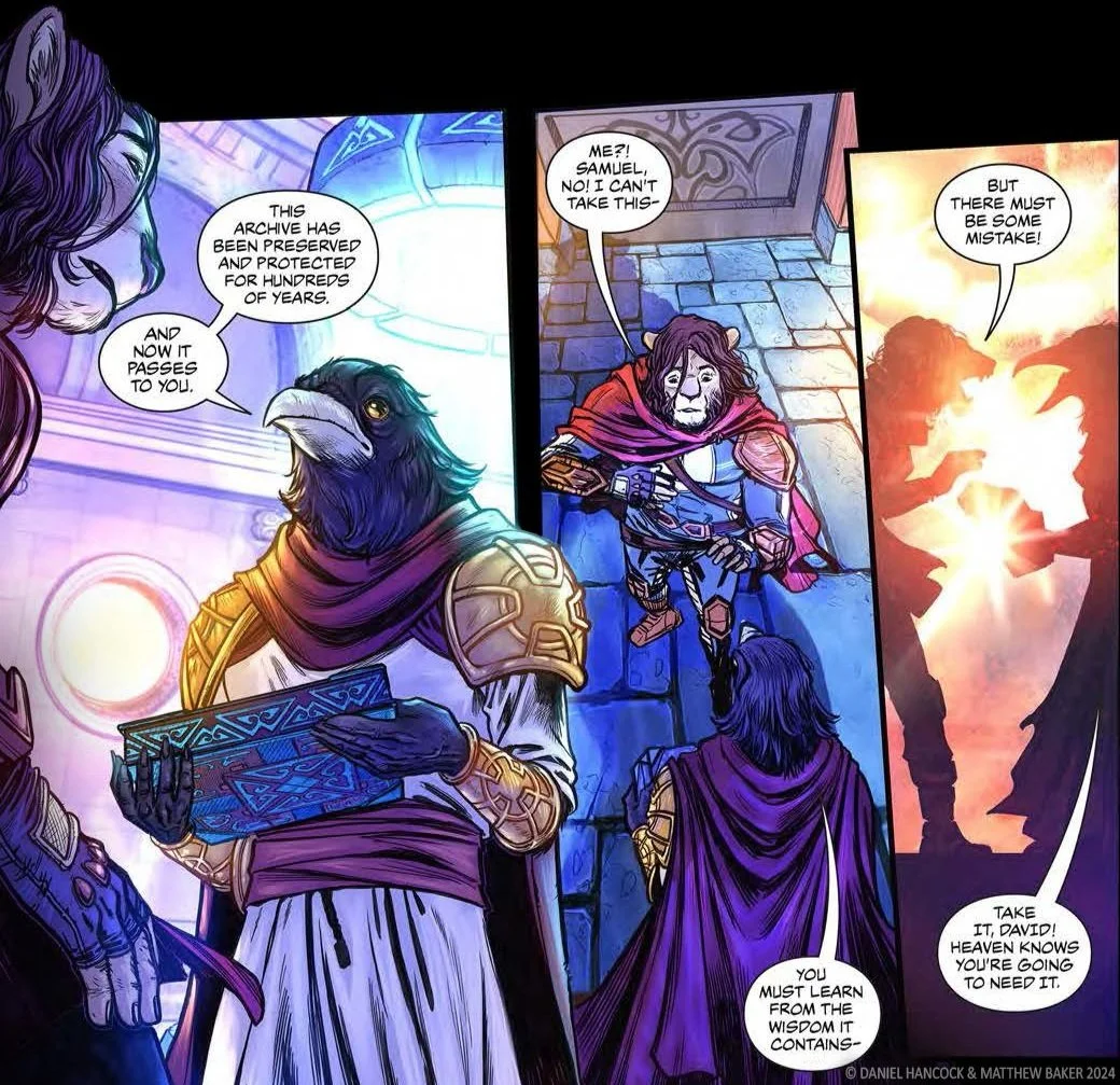 Comic scene with characters discussing an ancient archive. One character with a bird-like face holds a box and talks about the archive's preservation. Another character, dressed in medieval armor, appears surprised and reluctant. Two silhouetted figures are visible in flames in the background.