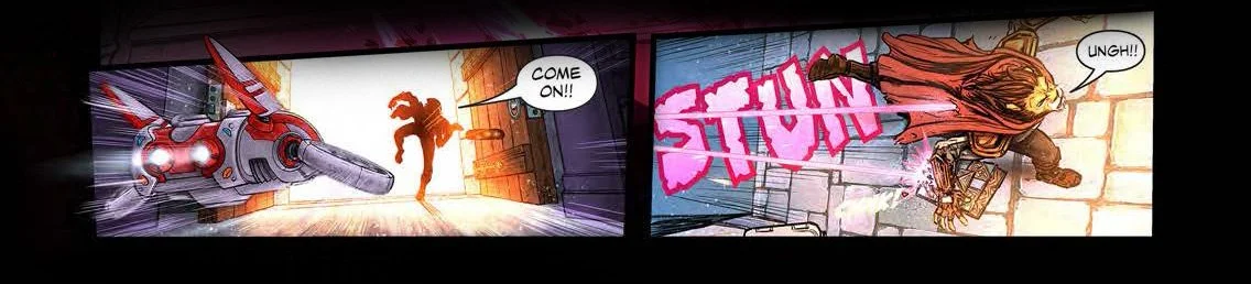 Two-panel comic strip. First panel shows a person running towards a spaceship with a speech bubble saying "COME ON!!". The spaceship is futuristic, sleek, white with red accents, and is flying close to the ground. The second panel depicts a woman falling backwards into a brick wall with a pained expression, with the sound effect "STUN" and a speech bubble saying "UUNGH!!".