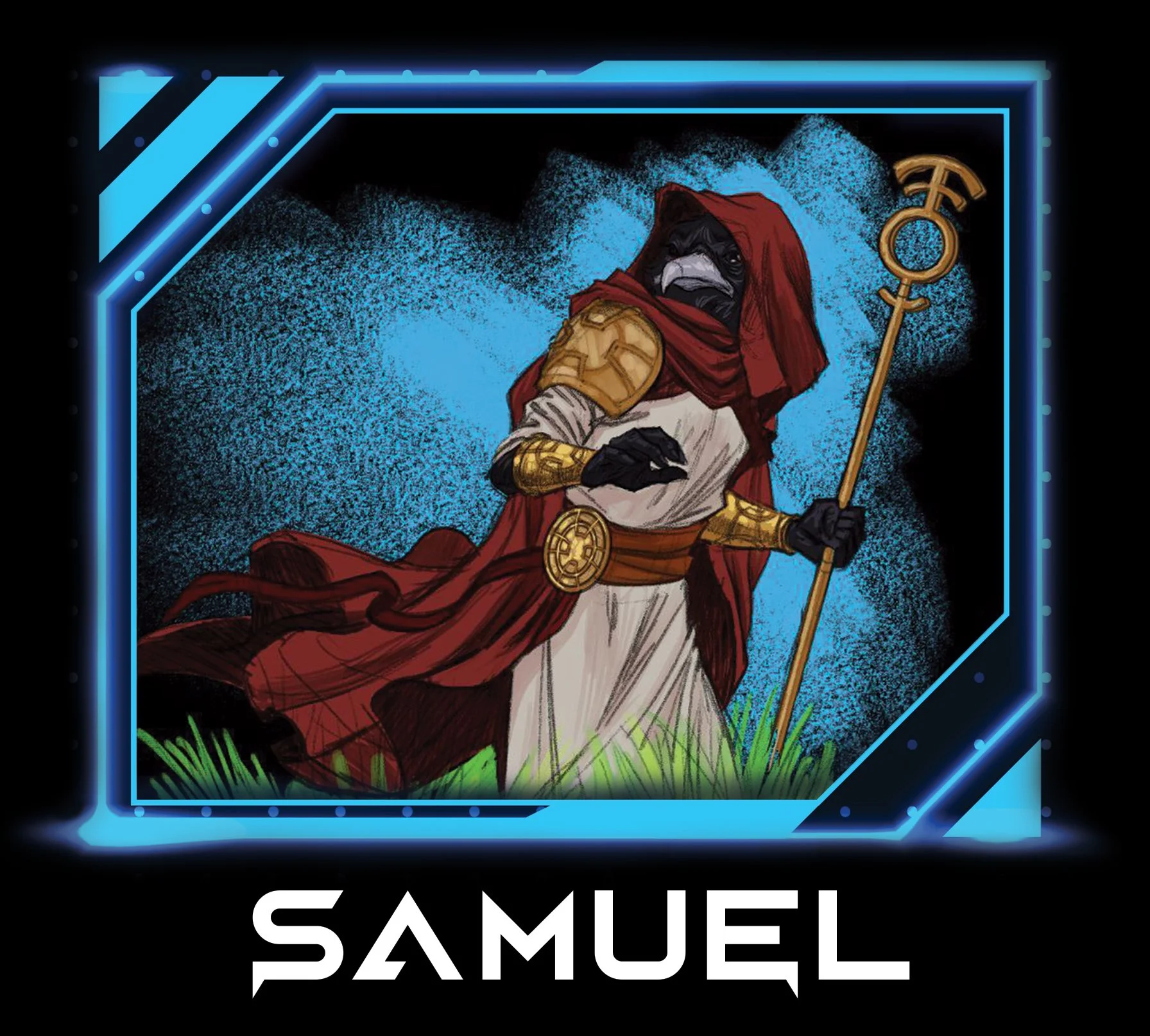 Digital illustration of a warrior pig dressed as a biblical prophet, wearing a red cloak, white robes, and golden armor. The pig holds a scepter and stands on grass against a blue, cosmic background. The name Samuel is written below.