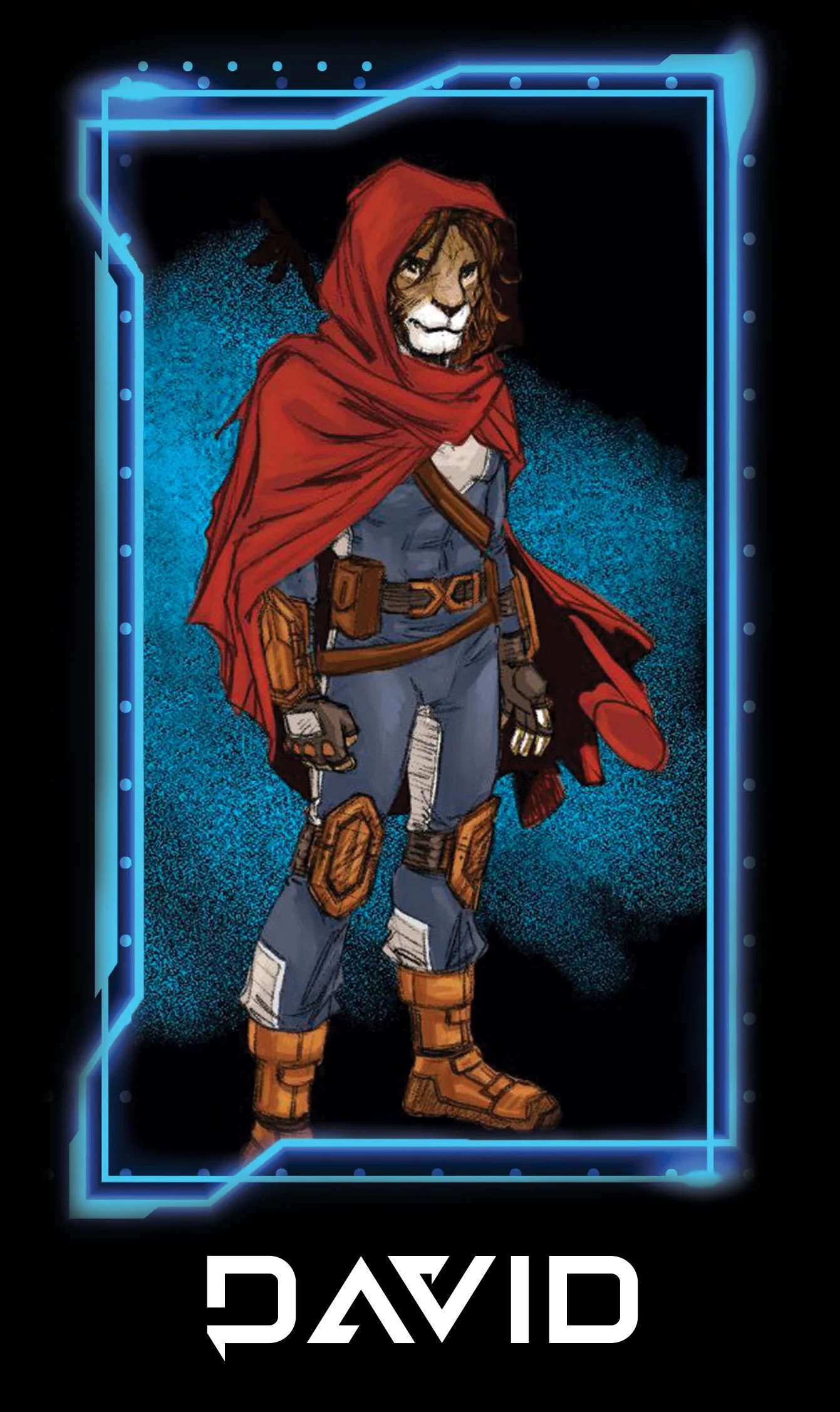 Fictional lion character dressed as a futuristic adventurer with a red hooded cloak, armor, and weapons, set against a digital-style blue background with glowing border, and the name 'David' below.