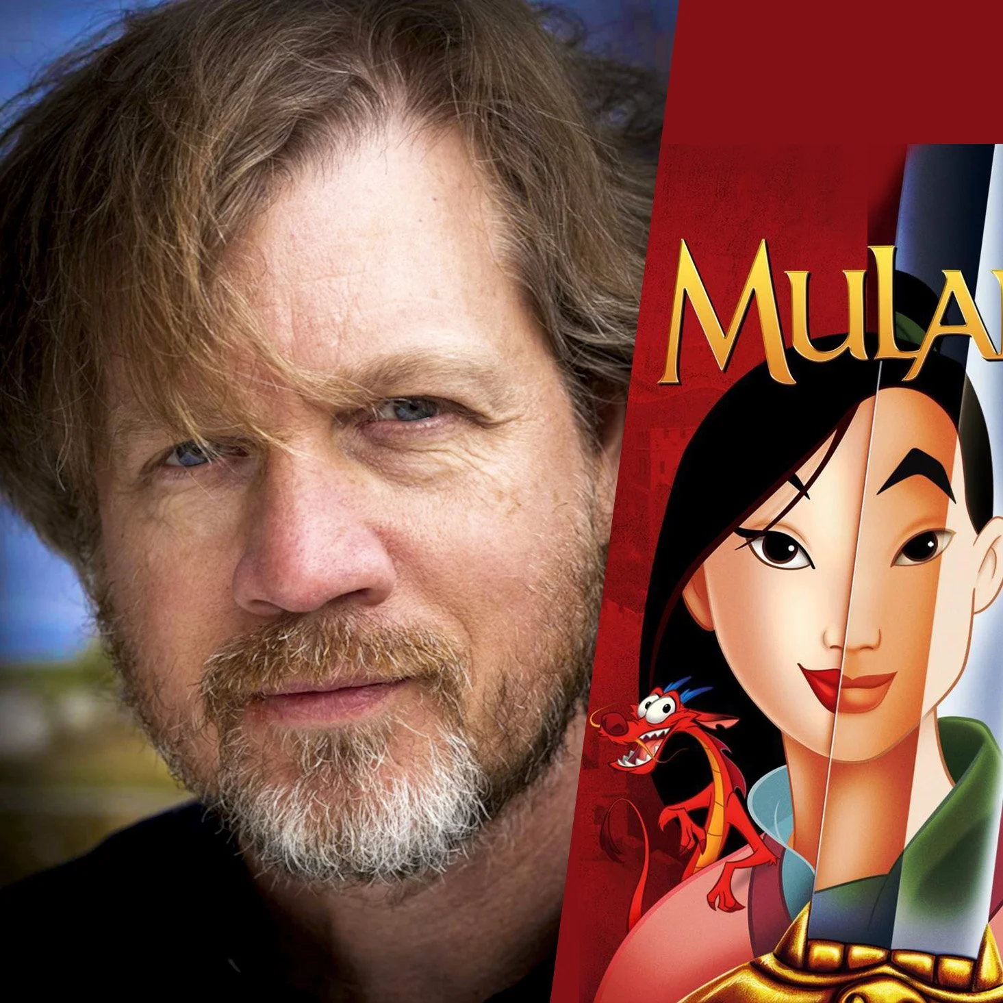 A split image featuring a close-up of a man with light brown hair, blue eyes, and a beard on the left, and animated characters from the movie 'Mulan' on the right, including Mulan, Mushu, and Cri-Kee.