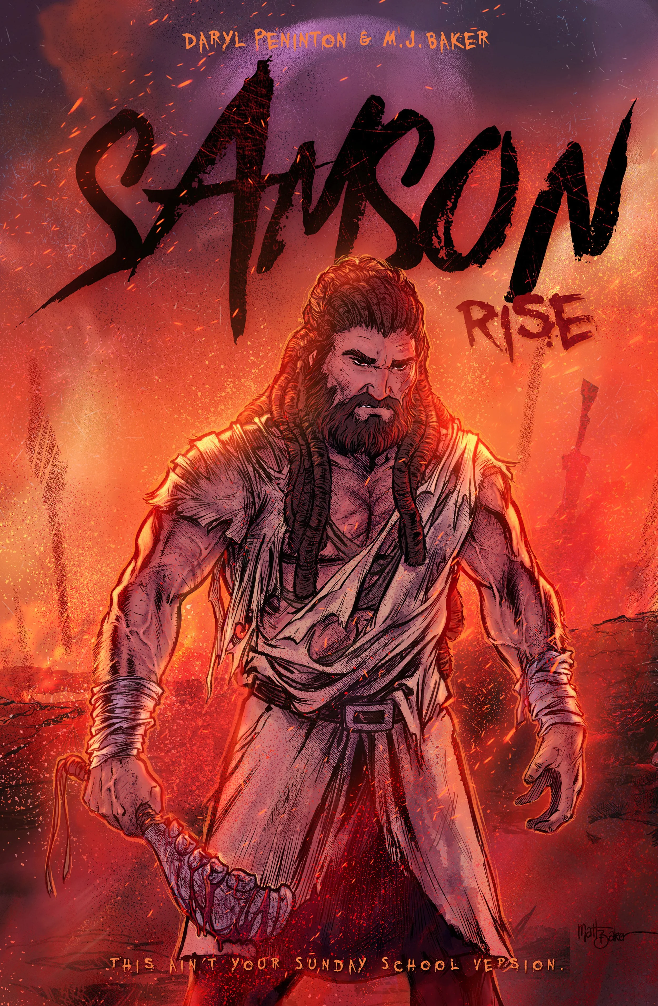 A digital illustration of a fierce character with long, thick dreadlocks, a beard, and muscular build, dressed in primitive clothing, standing amidst an apocalyptic fiery background.