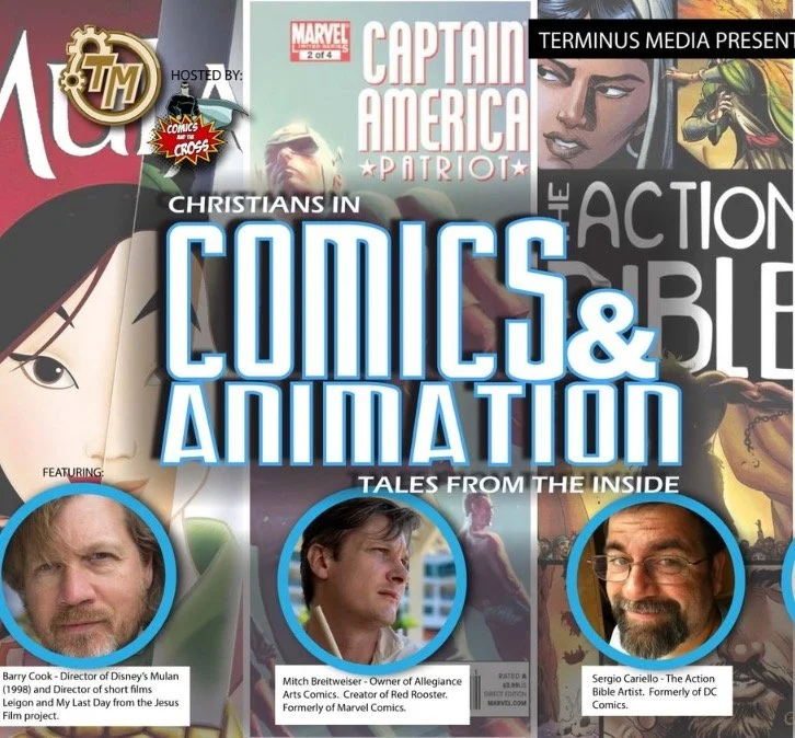 Cover of a book titled 'Christians in Comics & Animation: Tales from the Inside,' featuring images and descriptions of three men involved in comics or animation, with various comic images in the background.