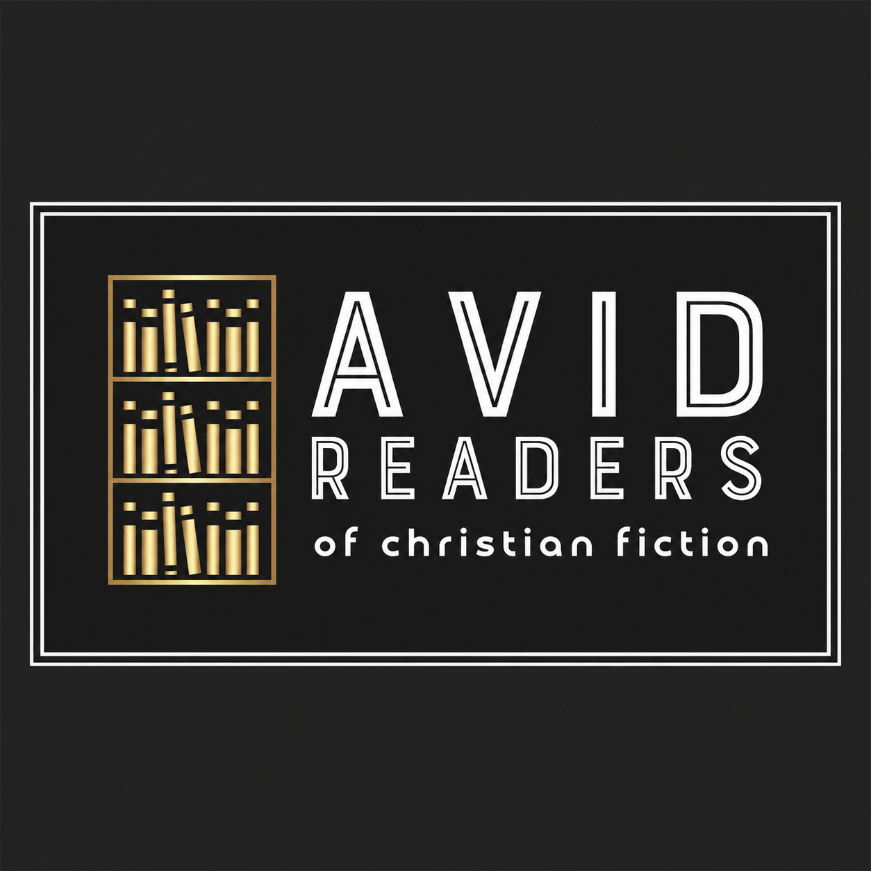 Logo for 'Avid Readers of Christian Fiction' featuring a stylized bookshelf with gold-colored books on the left, and white text on a black background.