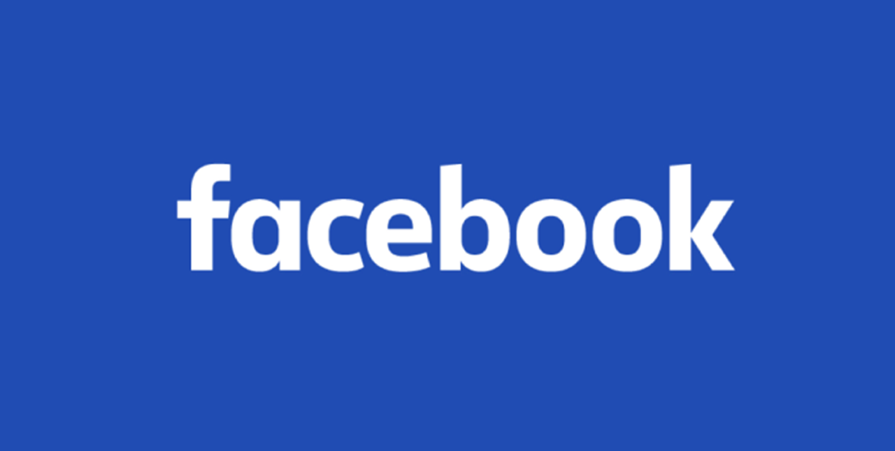 Facebook logo with white text on a blue background.