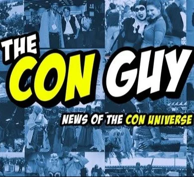 A collage of people at a comic convention with a comic-style logo displaying 'The Con Guy' and 'News of the Con Universe' in bold letters.