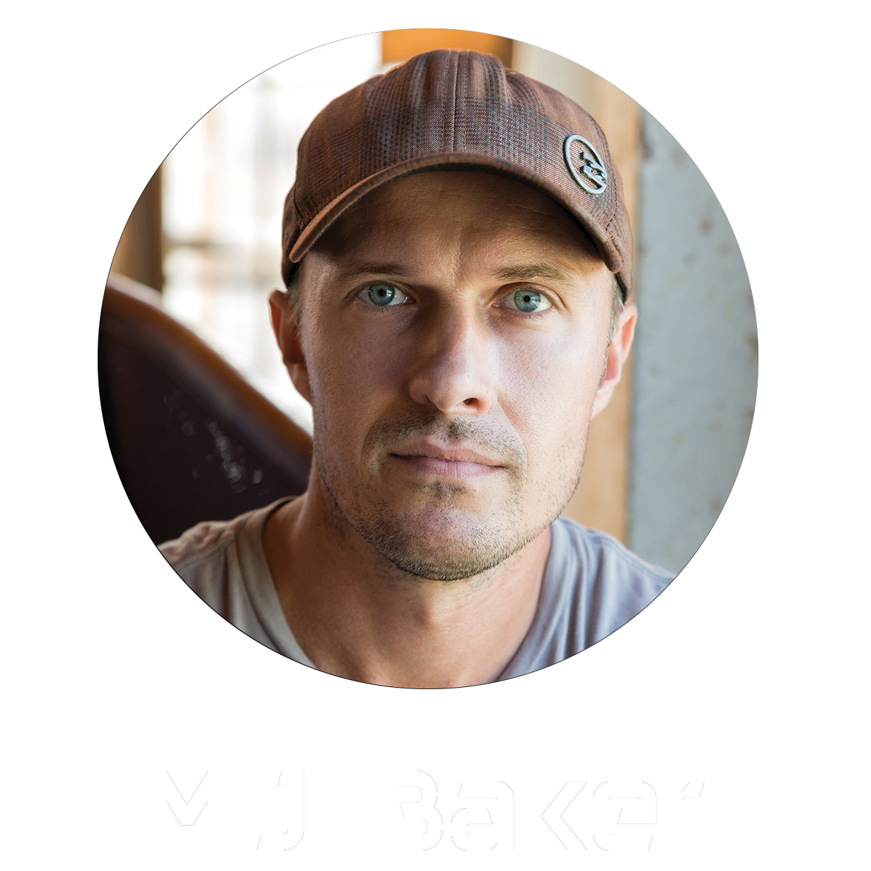A close-up portrait of a man with blue eyes wearing a brown cap, looking directly at the camera, with the name 'MJ Baker' written below.