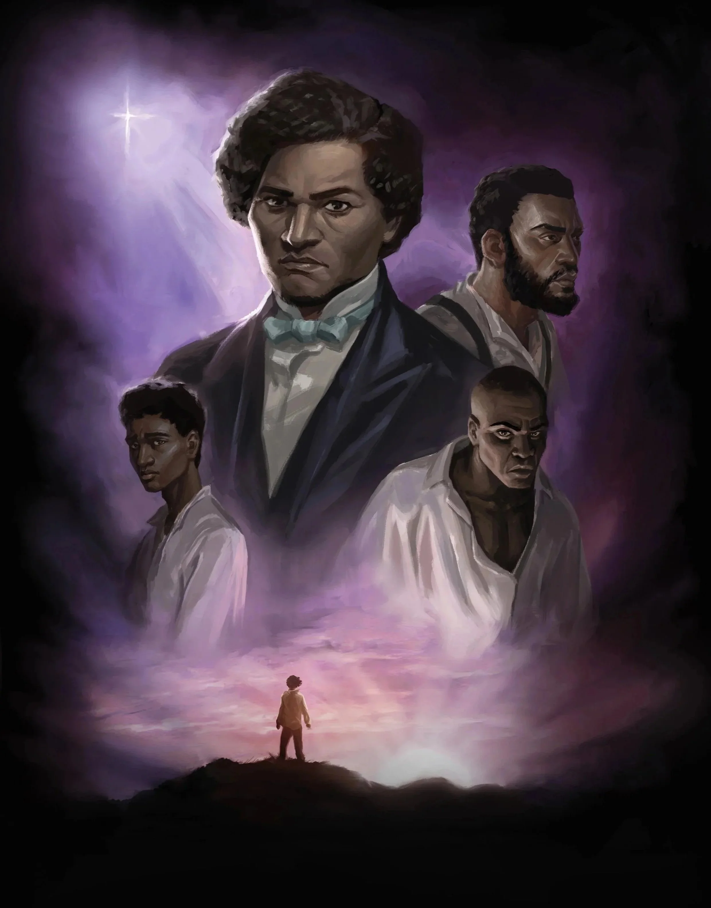 A person standing on a hill at sunset looking up at a dreamlike scene of four large figures in period clothing, set against a starry sky with a bright star, creating a surreal landscape.